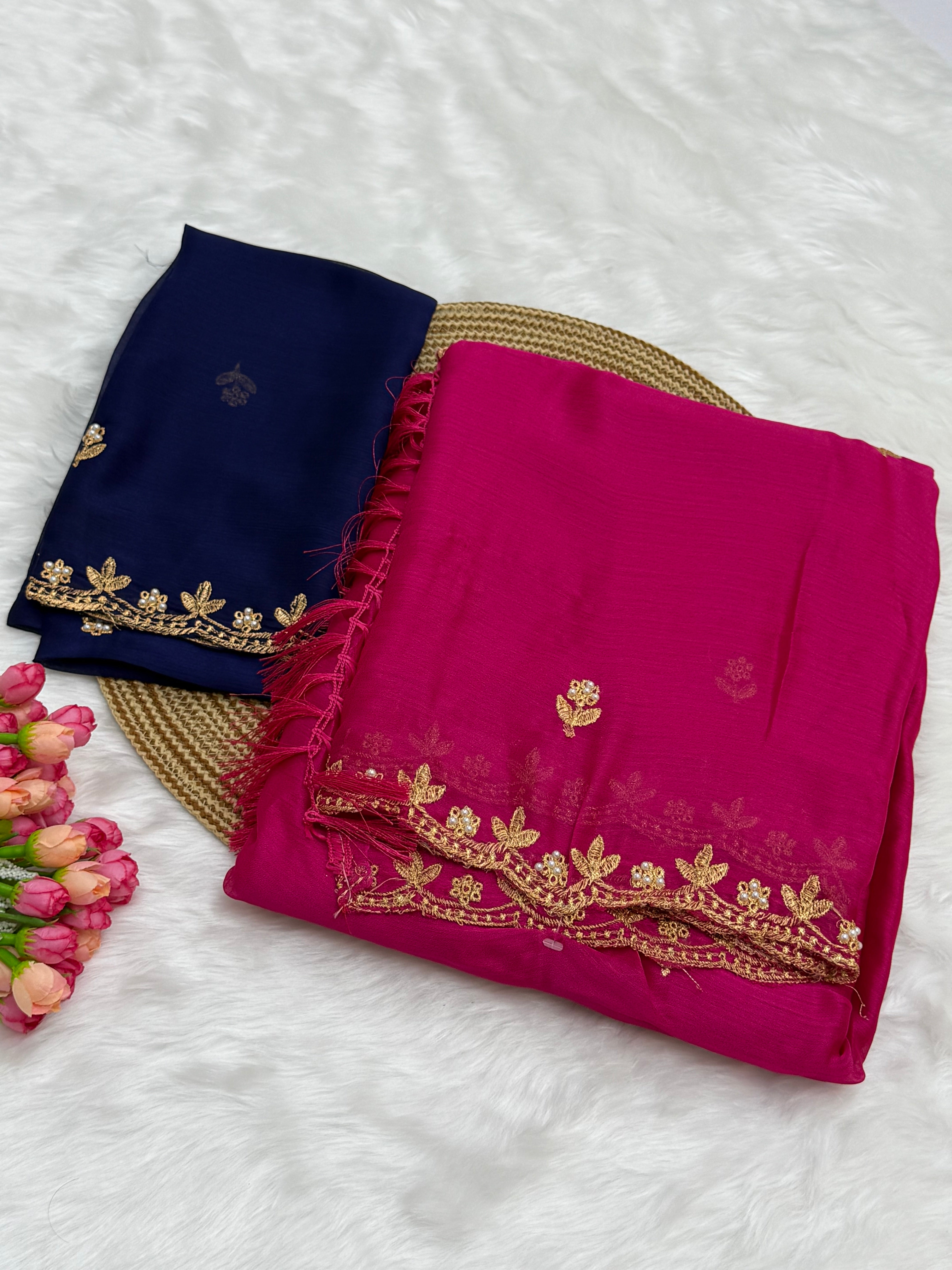 DESIGNER GEORGETTE SAREE WITH  A BLOUSE PIECE - HOT PINK