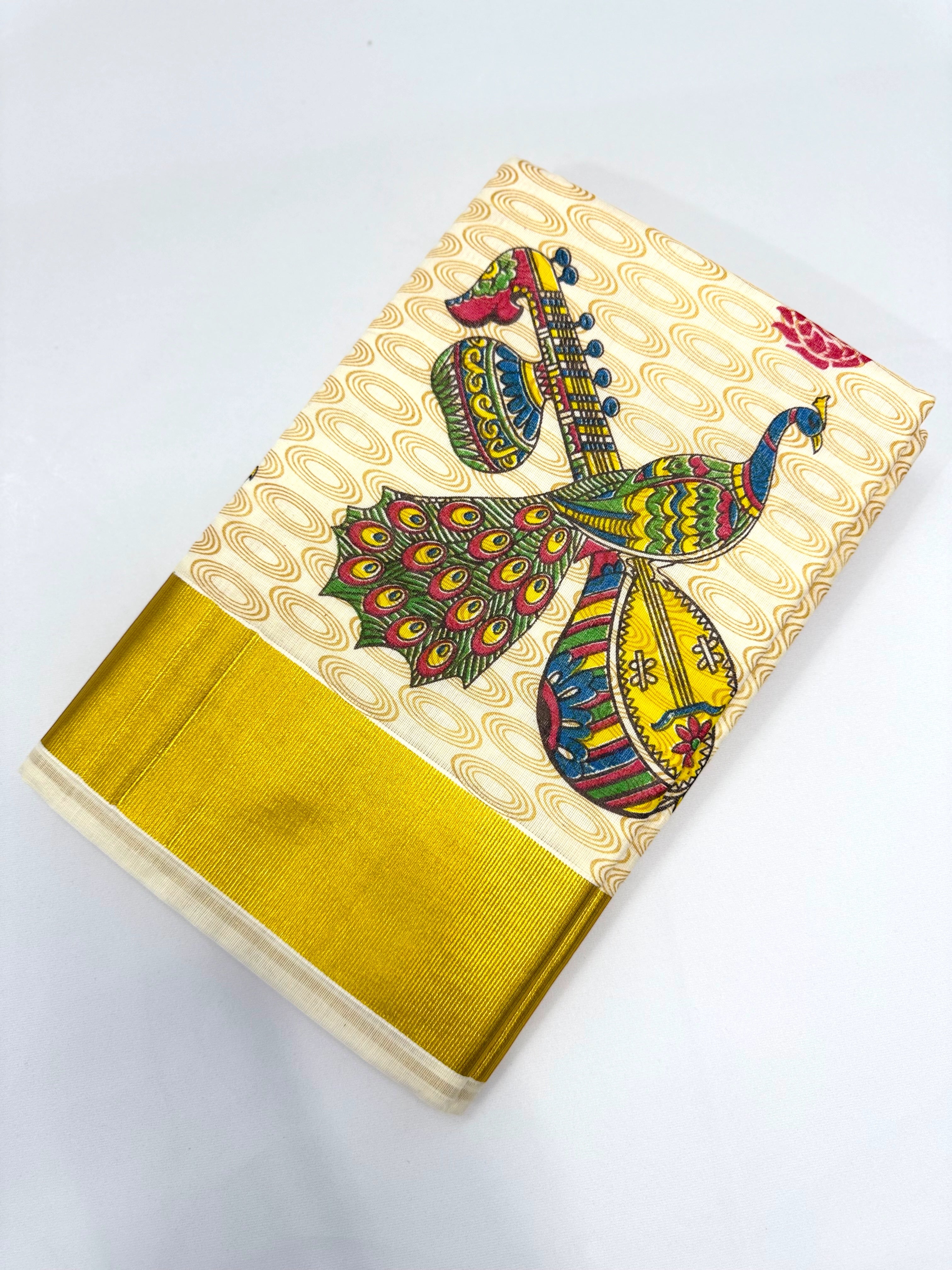 PEACOCK AND VEENA PRINTED KASAVU COTTON SAREE (GOLD)