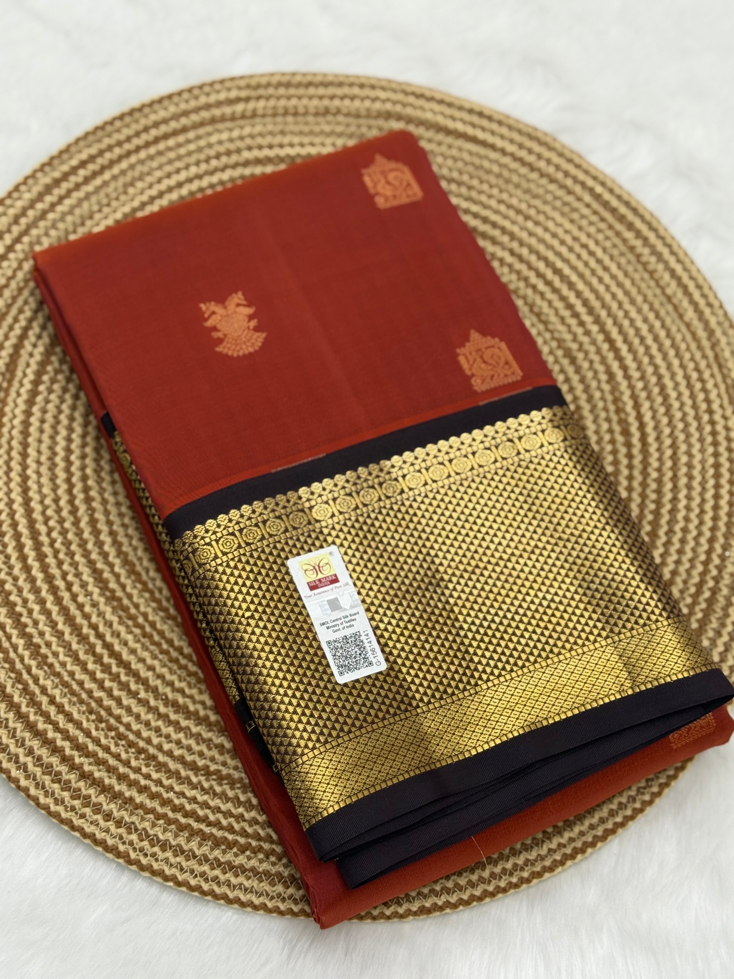 KANCHIPURAM PURE SILK SAREE | SILKMARK® CERTIFIED - RUST ORANGE