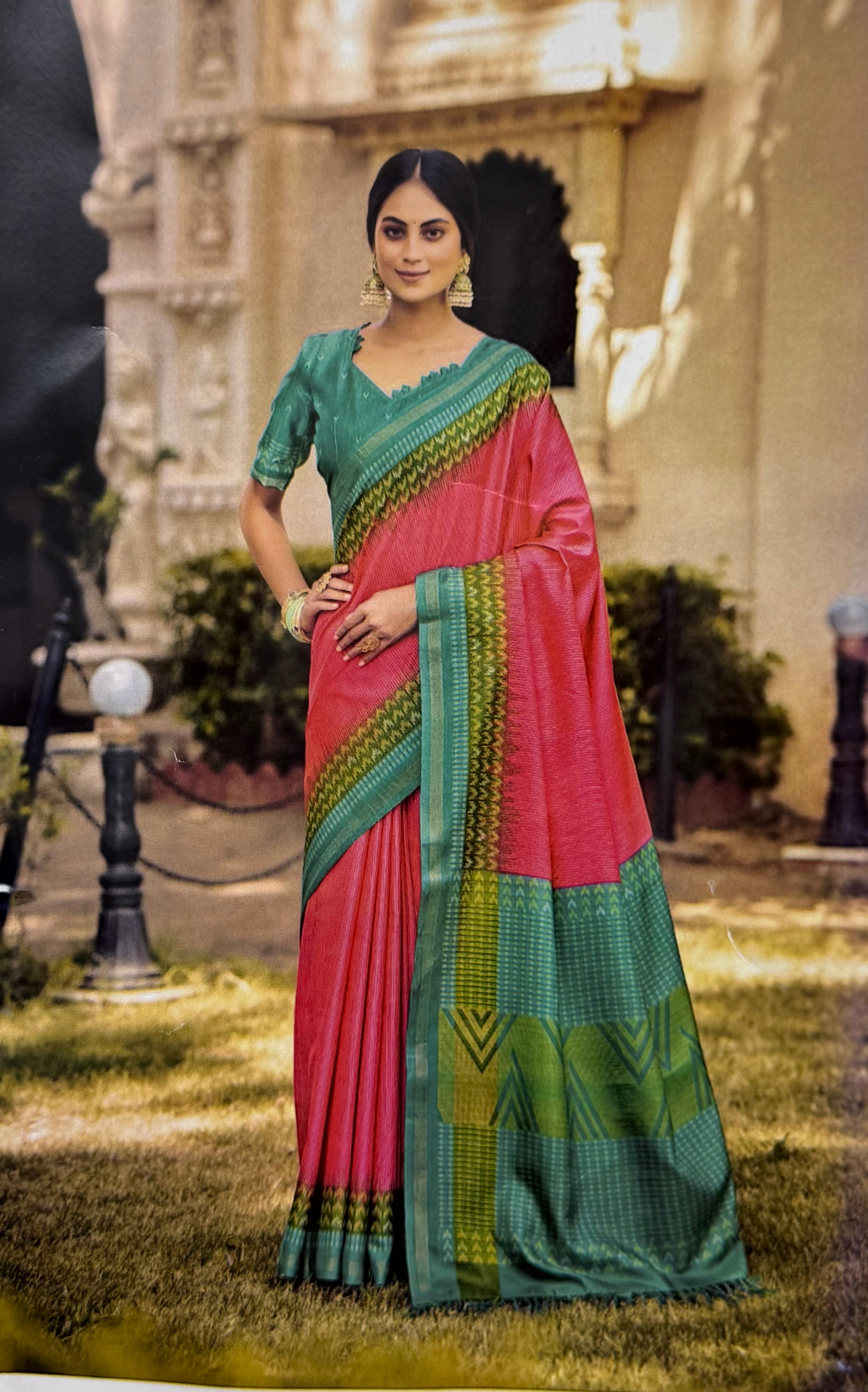 TRADITIONAL DOLLA SAREE  WITH CONTRAST IKAT BORDER - PINK