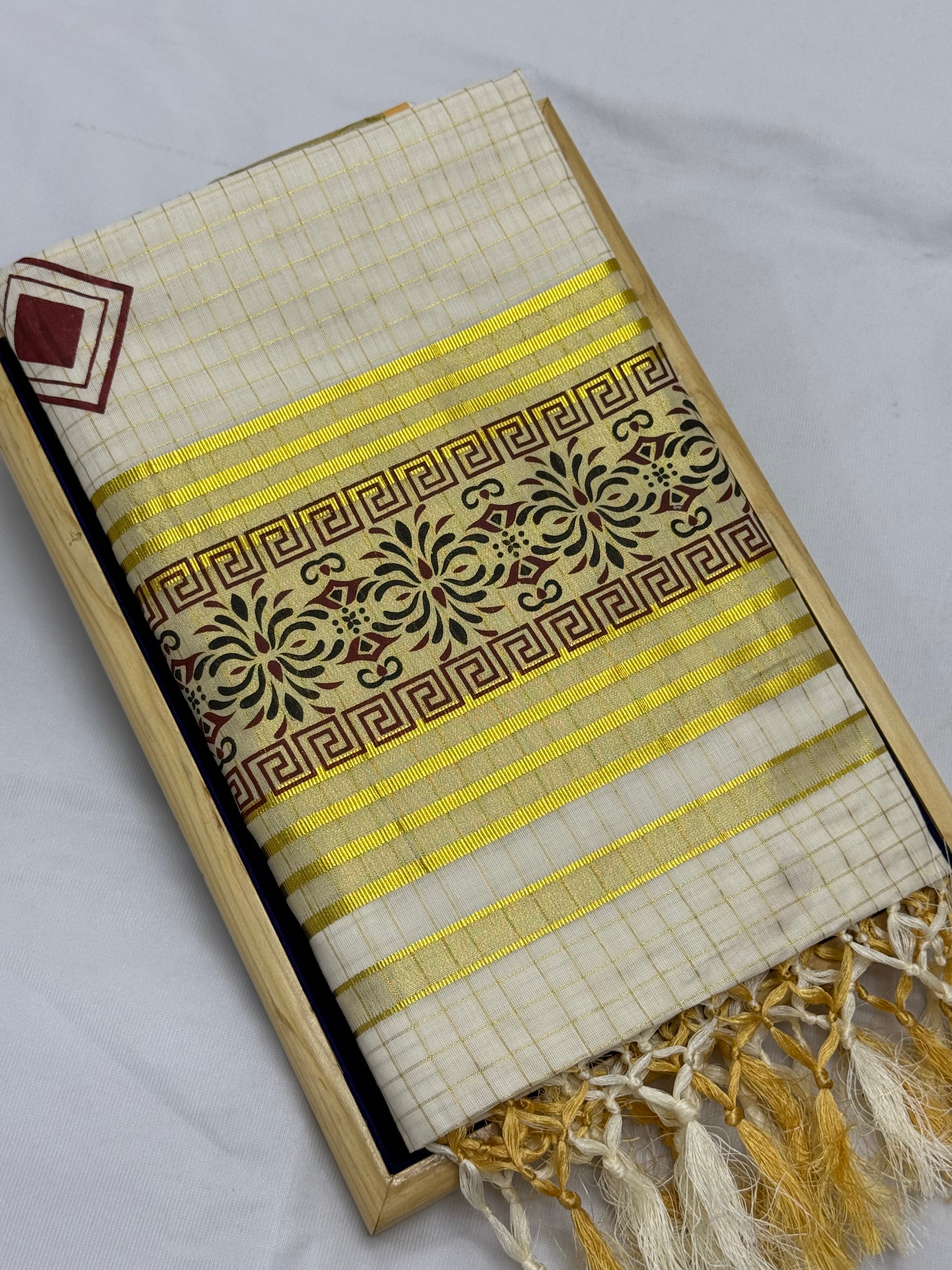 TRADITIONAL PRINTED KASAVU TISSUE CHECKED SAREE (OFF WHITE,GOLD,MAROON)