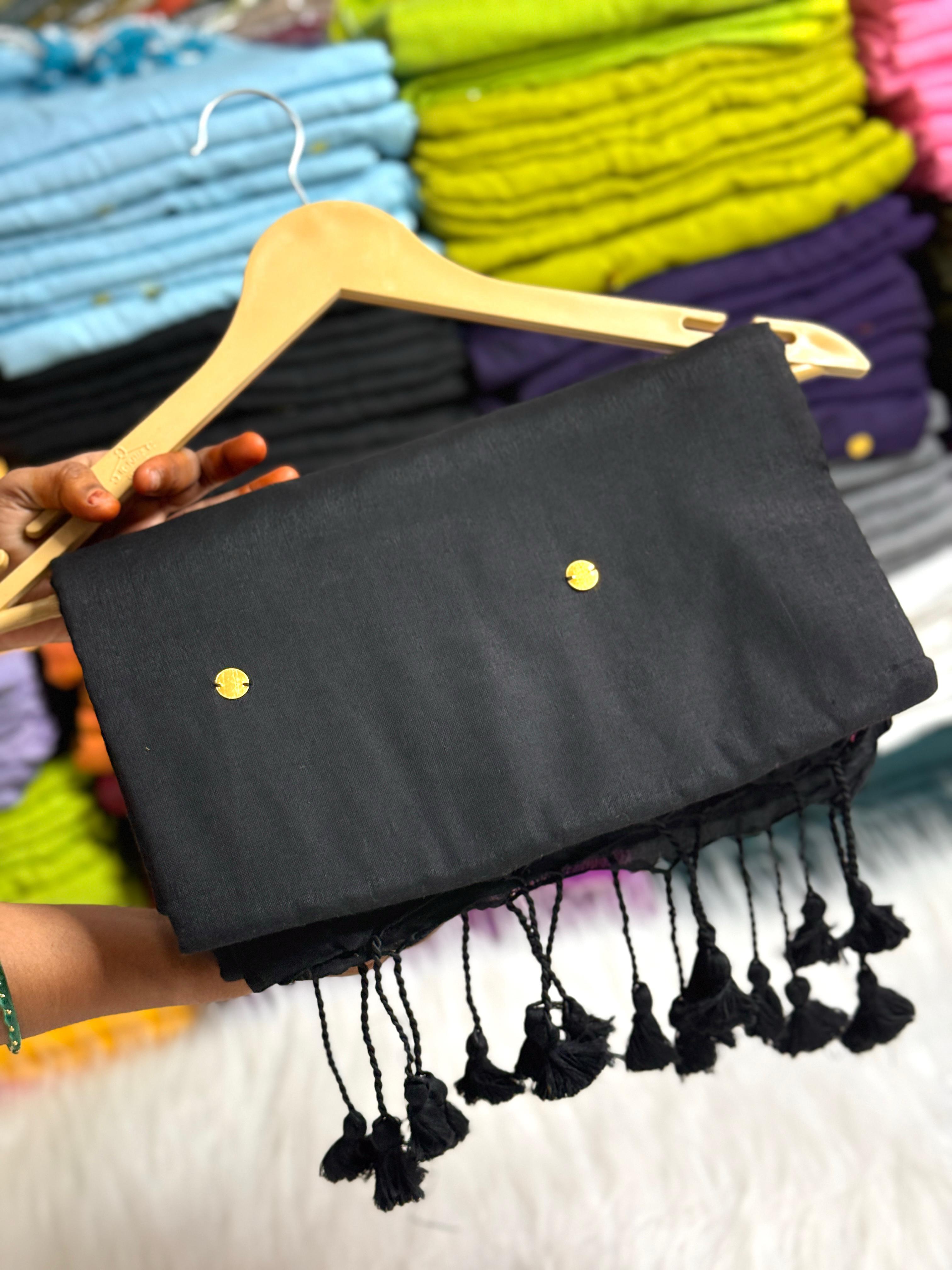 PURE KHADI MIRROR WORK COTTON SAREES - BLACK
