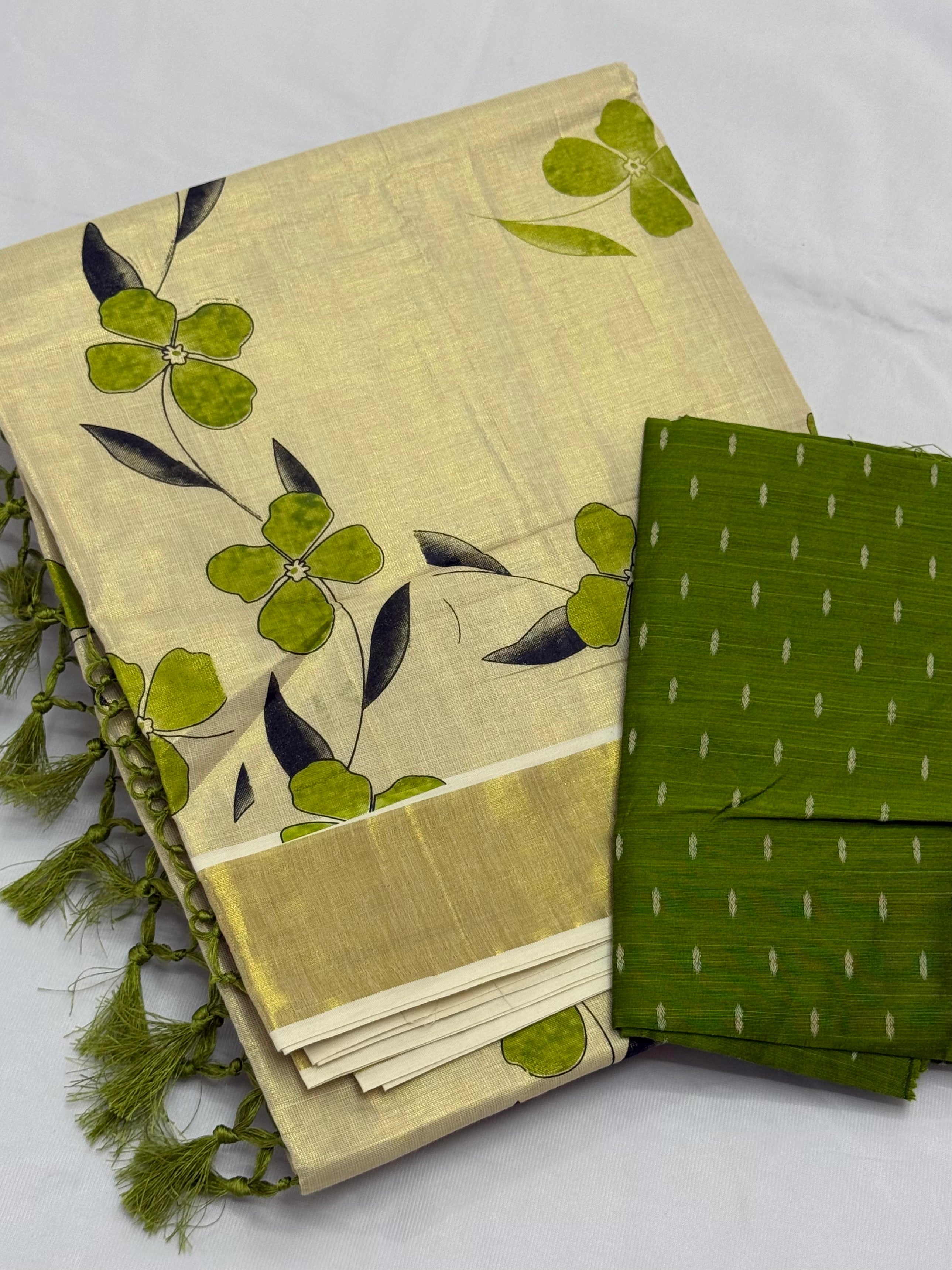 FLORAL PRINTED KASAVU TISSUE SAREE WITH BLOUSE PIECE 1M - (GOLD,CREAM,GREEN)