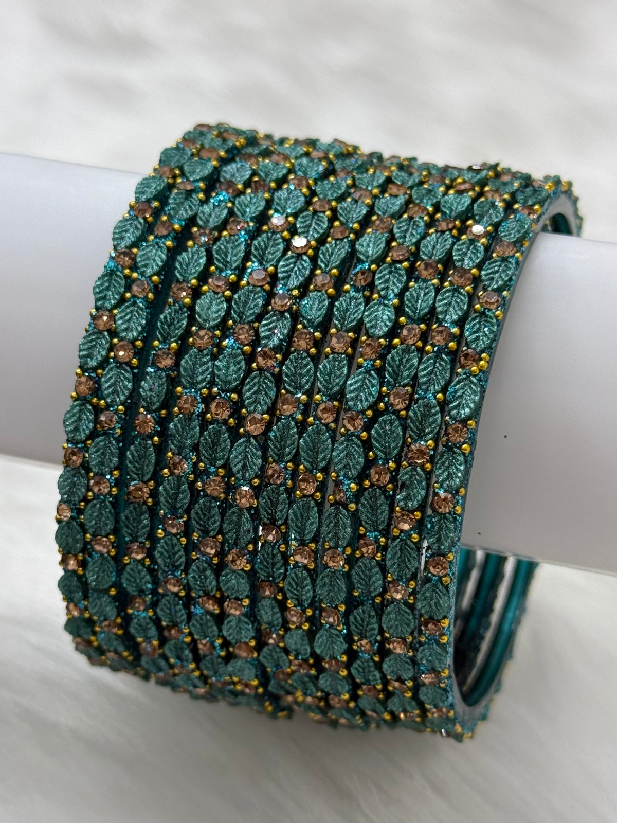 PREMIUM LEAF DESIGN STONE STUDDED GLASS BANGLES PACK OF 12