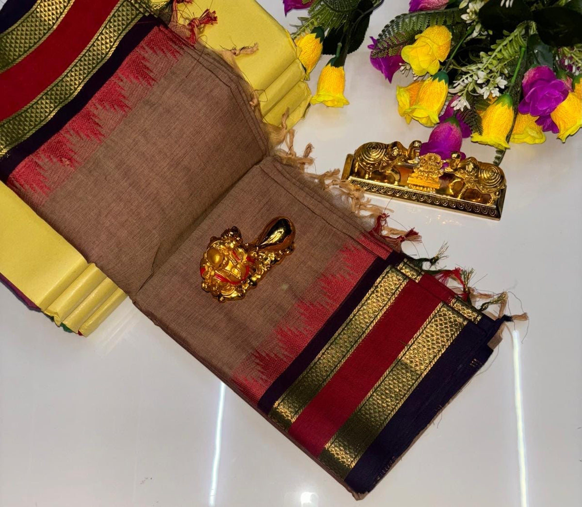 PURE KANCHI COTTON SAREES - CAMEL BROWN