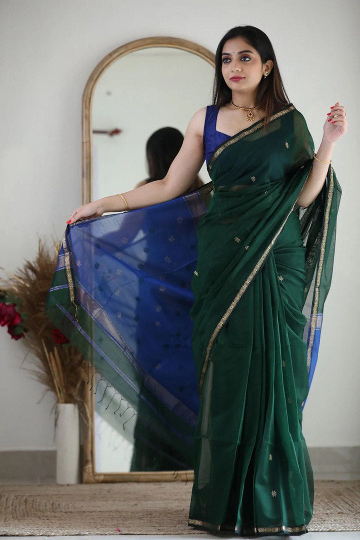 MAHESHWARI COTTON SILK SAREE - HUNTER GREENN