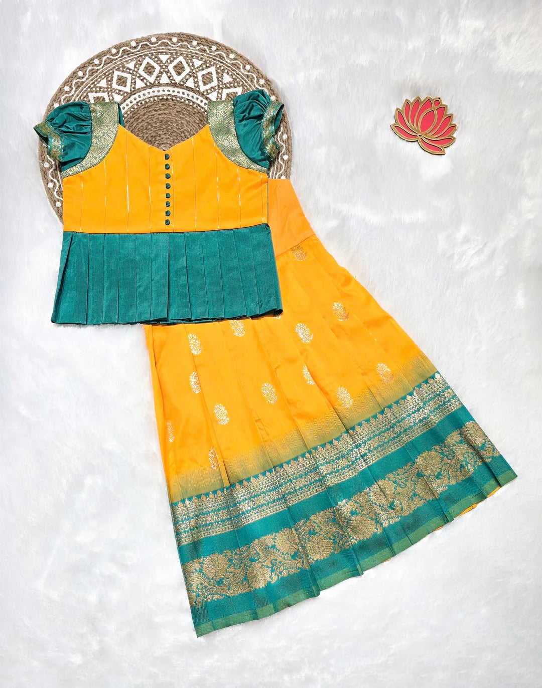 DESIGNER YELLOW TEAL PATTU PAVADAI