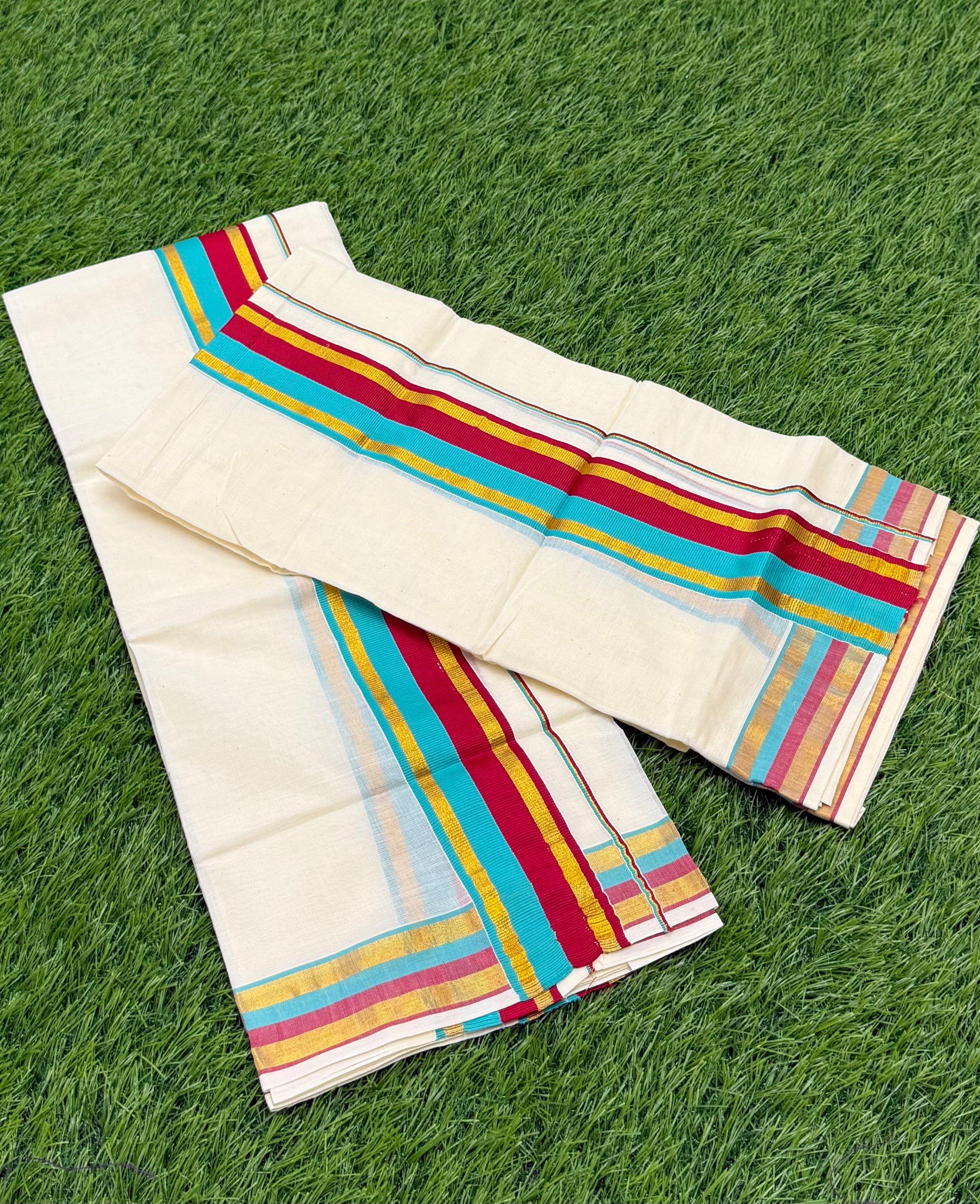 KASAVU COTTON STRIPE PATTERN SINGLE SET MUNDU (MUNDUM NERIYATHUM) - 2 X 2.80 MTRS - (OFF WHITE)