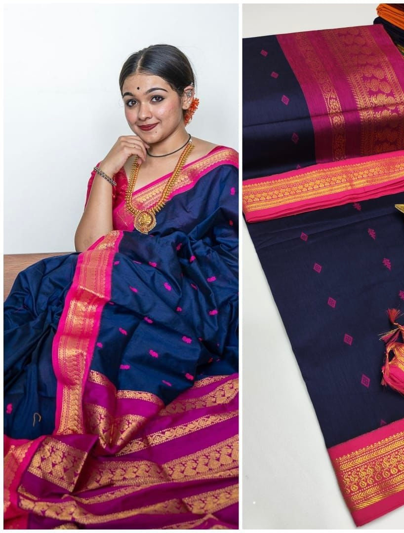 PREMIUM GADWAL/KALYANI COTTON SILK SAREES - NAVYBLUE