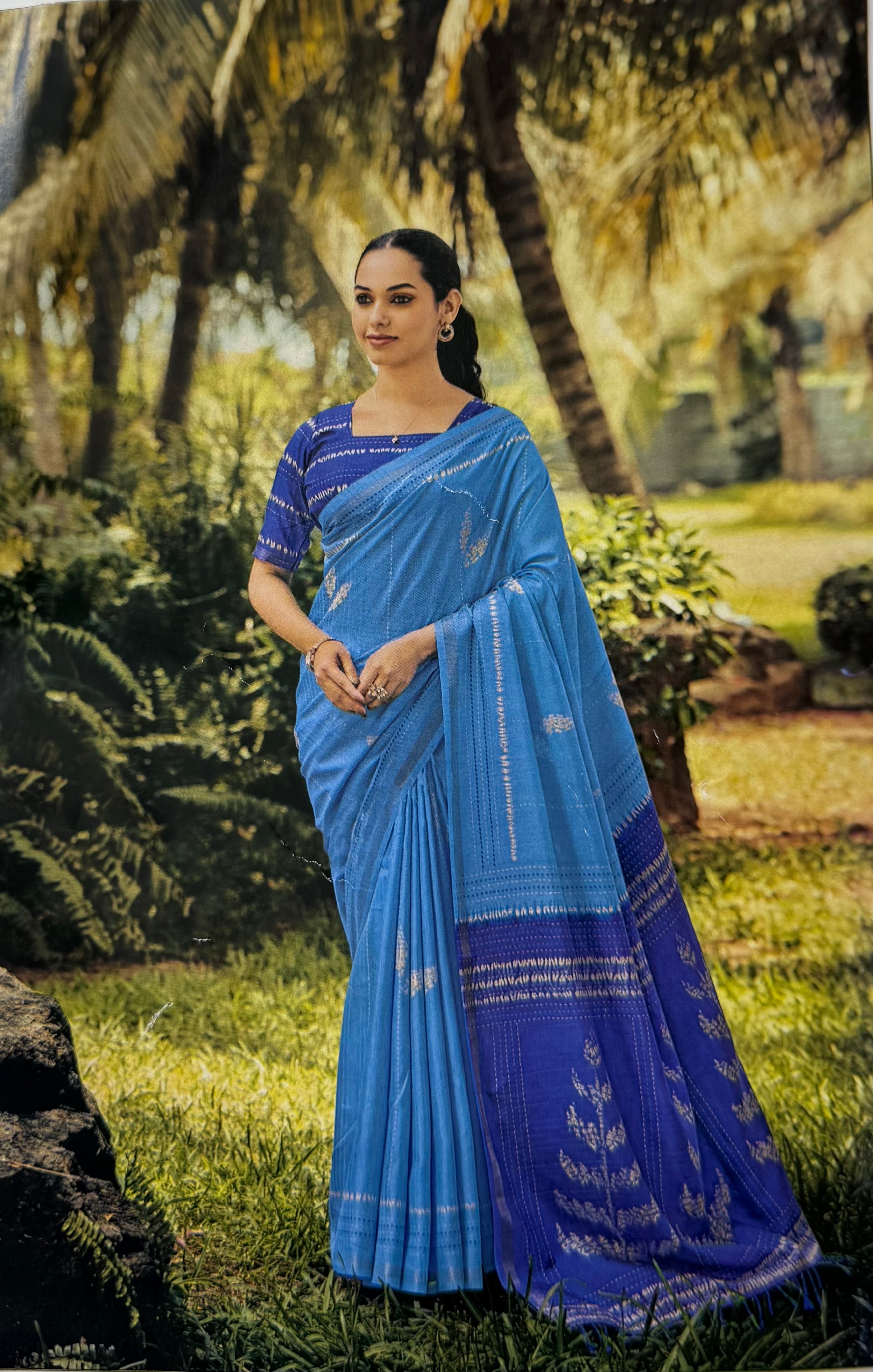 PREMIUM LINEN COTTON SILK SAREE - LIGHT BLUE