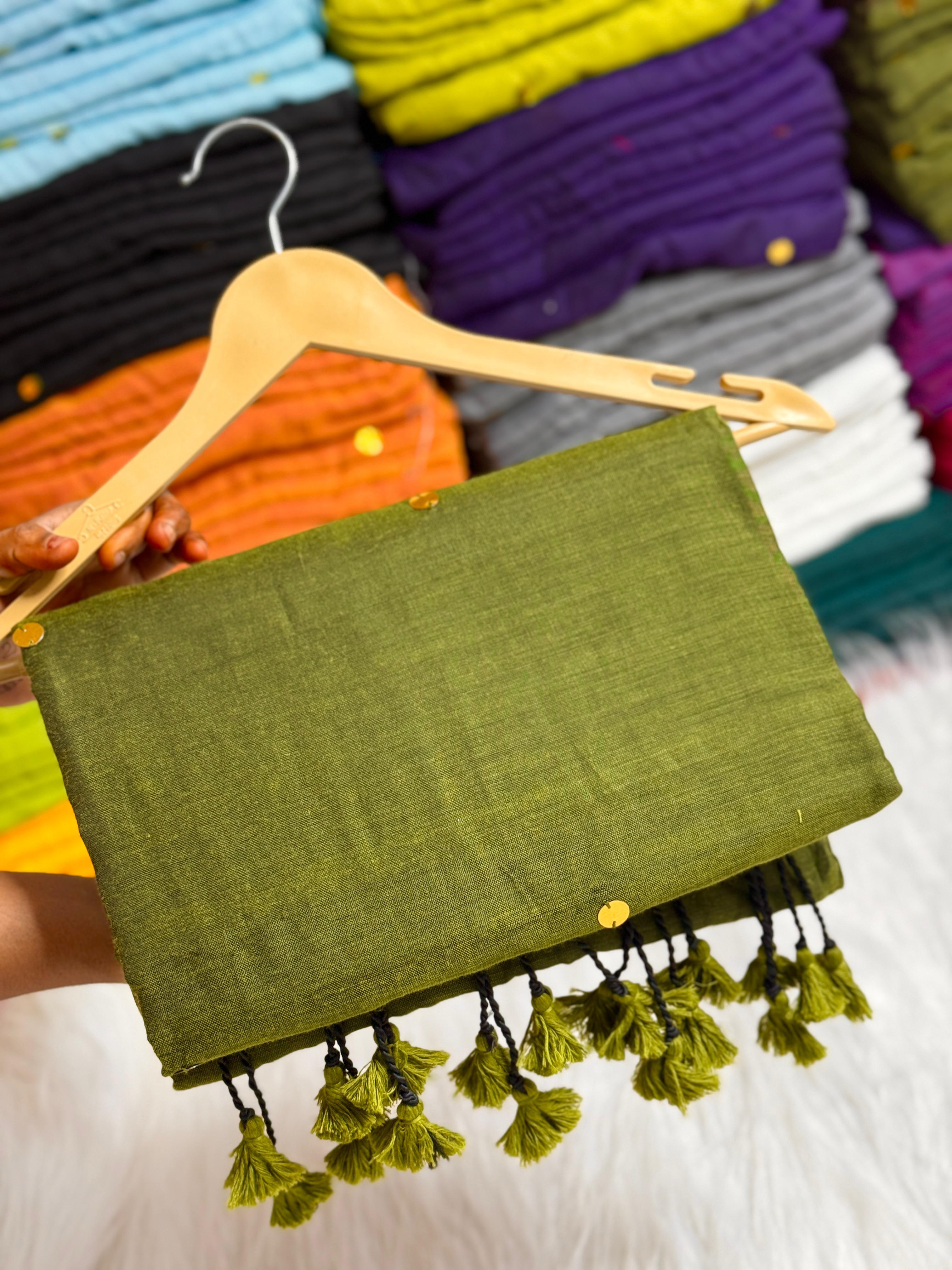 PURE KHADI MIRROR WORK COTTON SAREES - GREEN