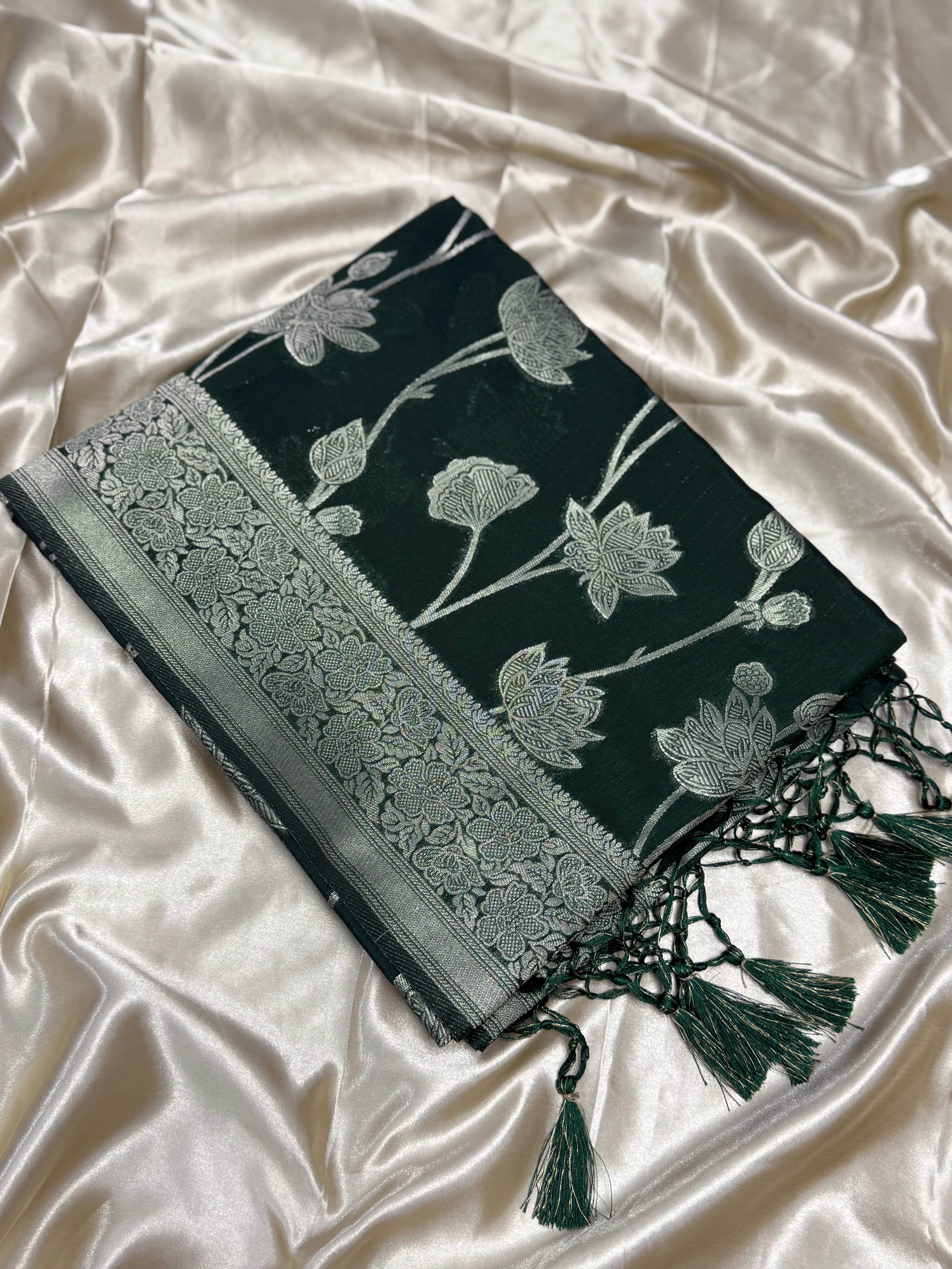 DUPION SOFT SILK SAREE - FOREST GREEN