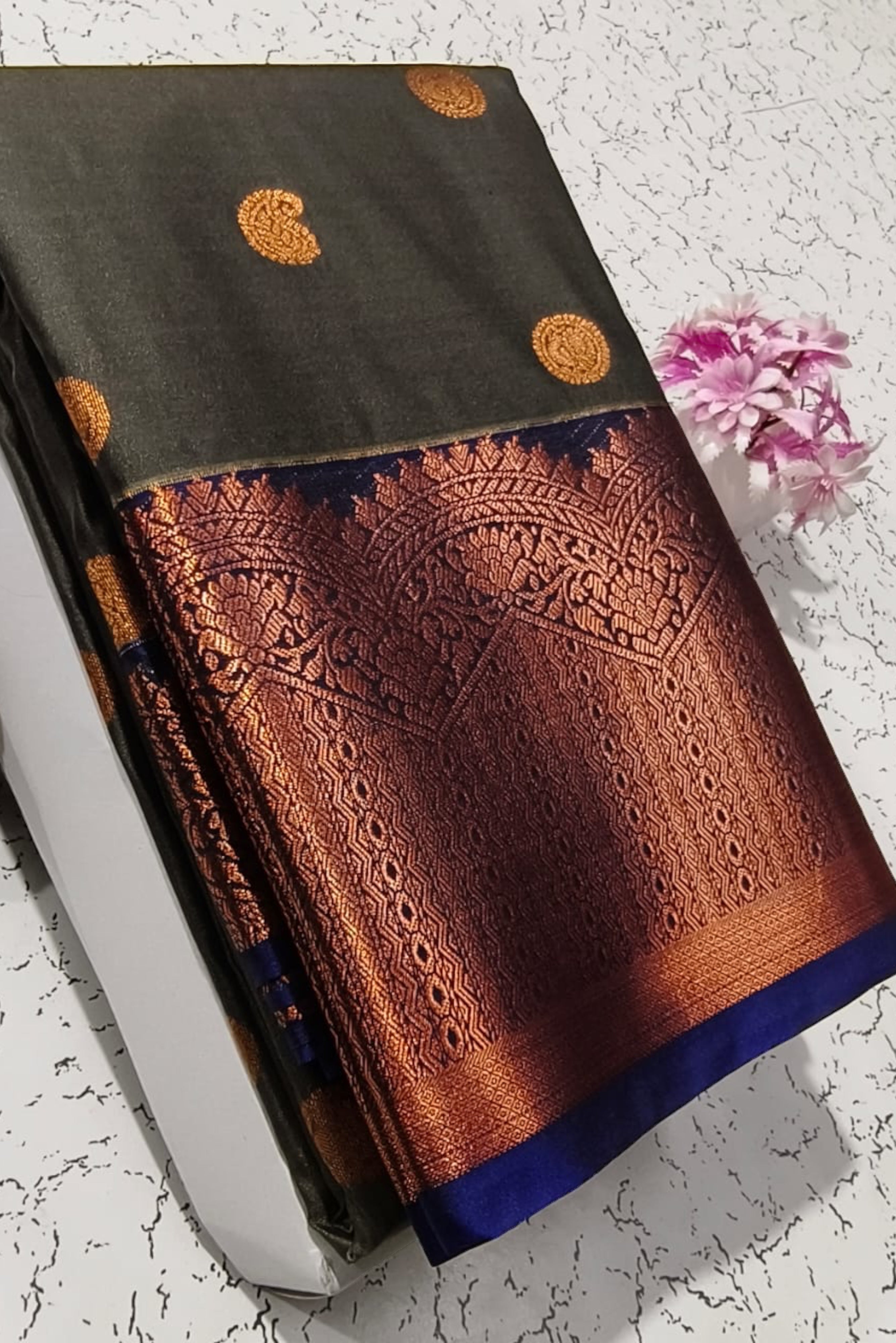 STORM DUST GREY RICH BUTTA WORK EMBOSSED SILK SAREES