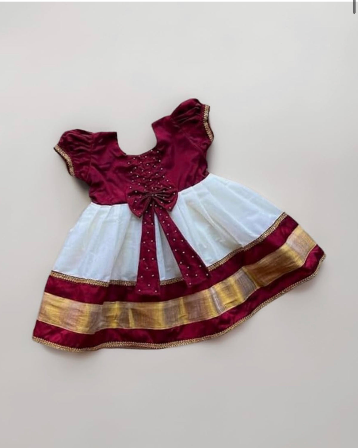 BABY GIRLS A-LINE MIDI PATTU PAVADAI DRESS IN MAROON & OFFWHITE