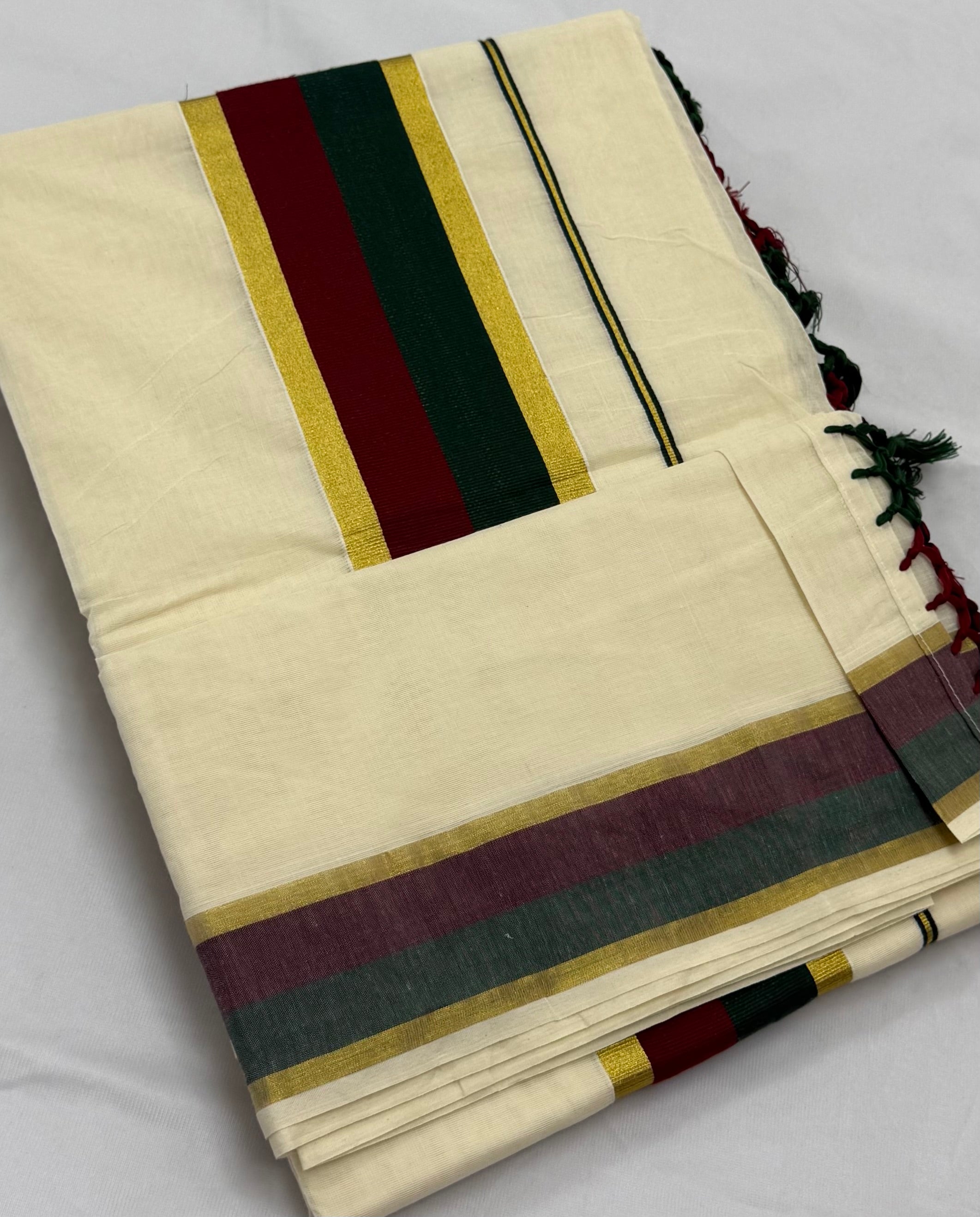 MULTI COLOUR STRIPES GOLDEN KASAVU COTTON SAREE - (OFF WHITE,GOLD)