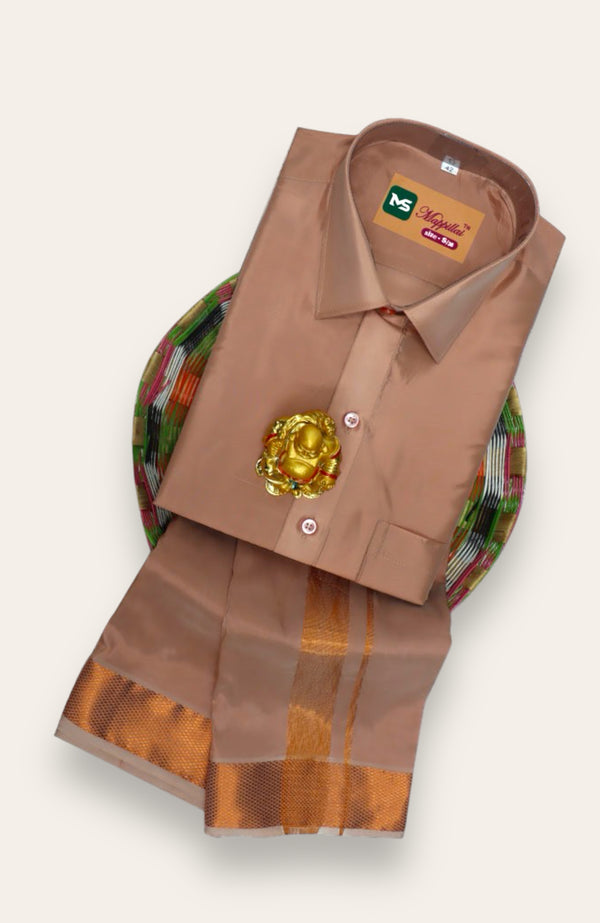 MEN'S PREMIUM SILK VELCRO DHOTI SHIRT SET - COPPER