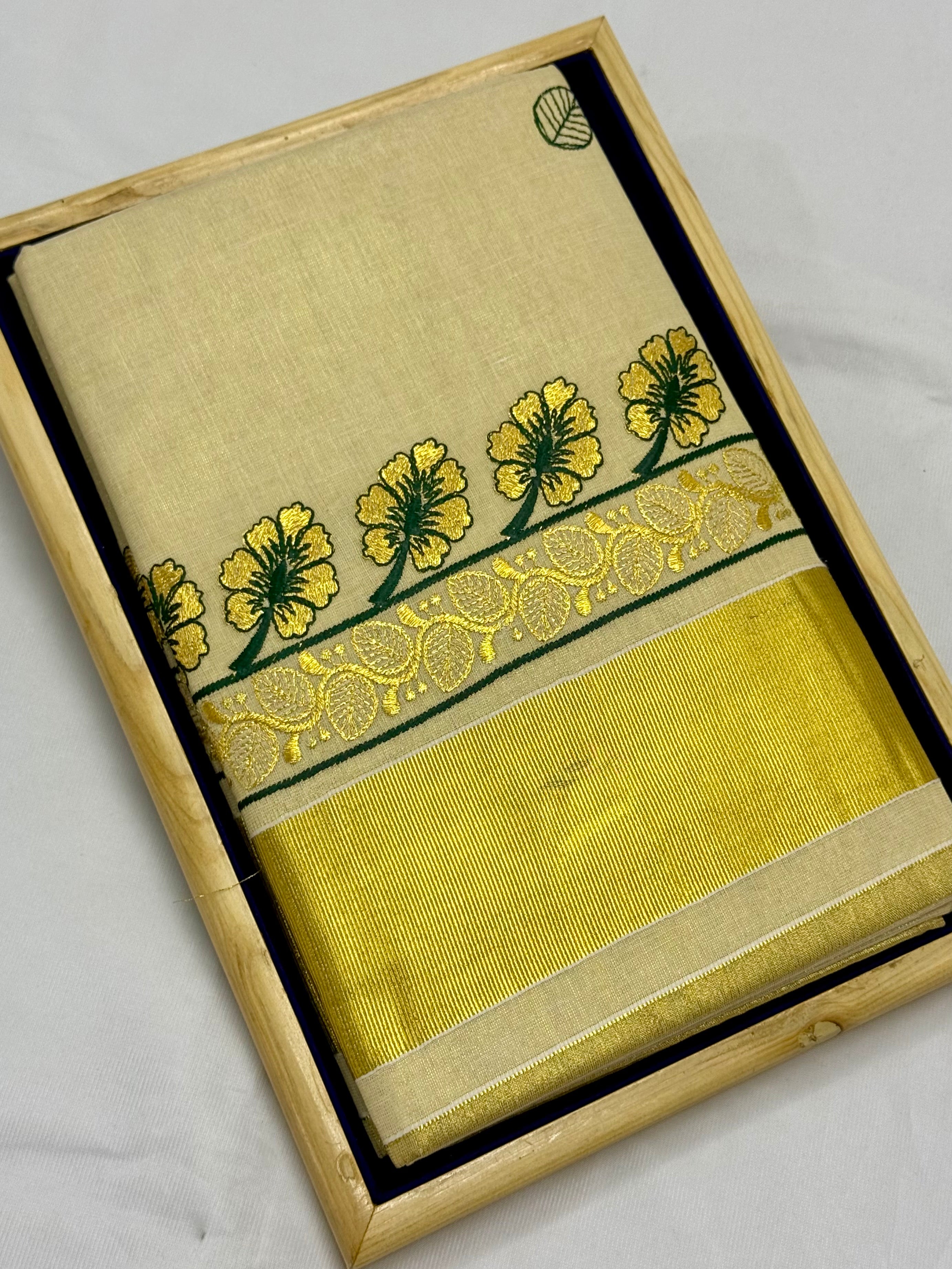 KERALA KASAVU TISSUE SILK EMBROIDERY  SAREE - (GOLD,CREAM)