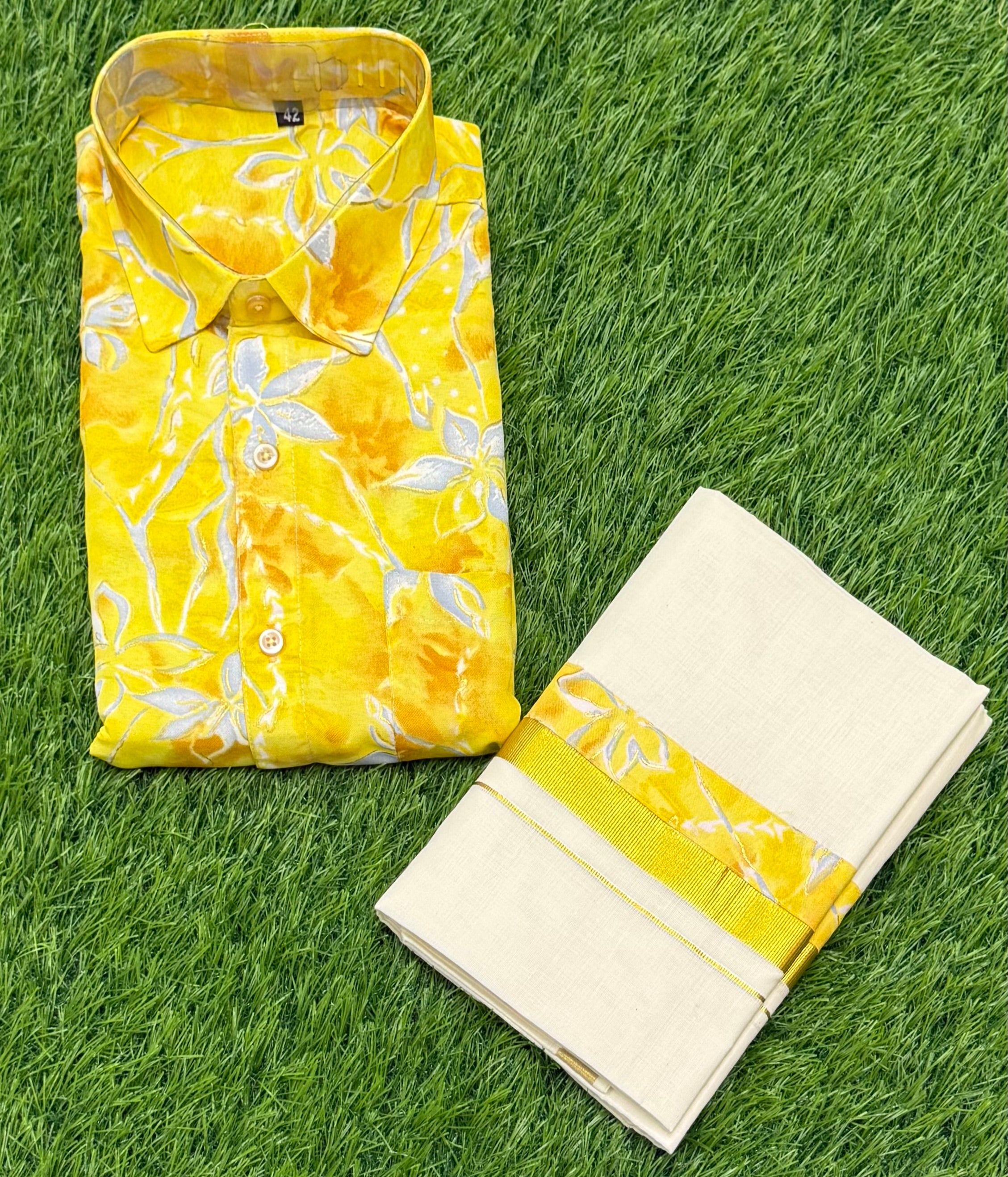 KANI KONNA SHIRT WITH CREAM PRINTED MUNDU COMBO - YELOW