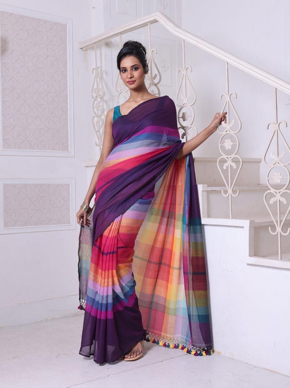 TRENDY MULTICOLOUR CHECKED TYPE SAREE