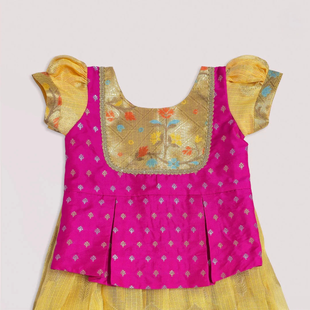 DESIGNER YELLOW PINK PATTU PAVADAI