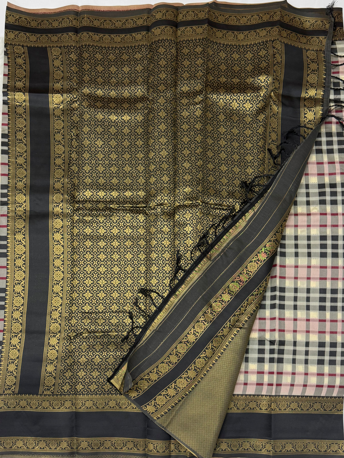 SEMI SILK BURBERRY CHECKS SAREE WITH BLOUSE - MULTI COLOUR
