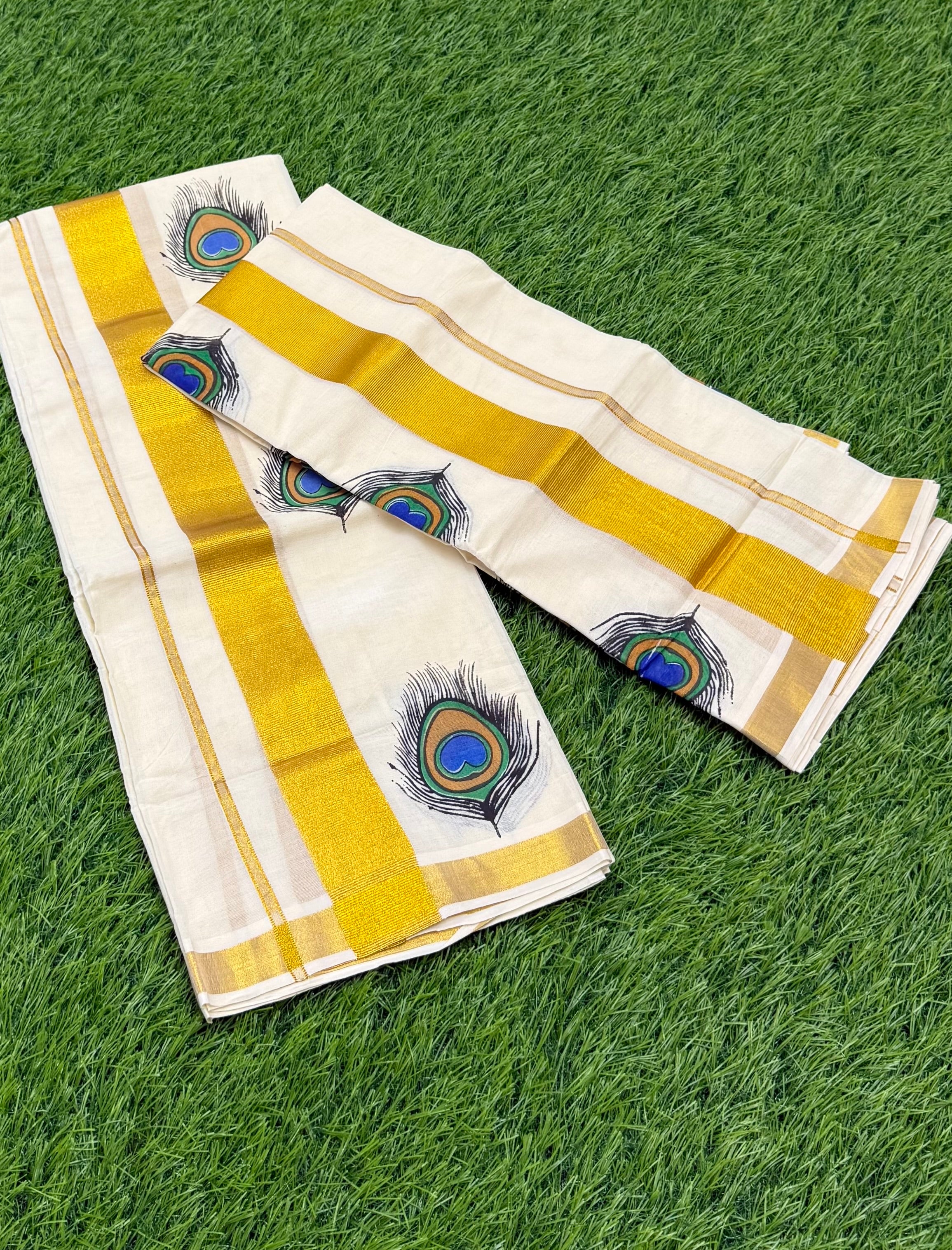 KASAVU COTTON MAYIL PEELI SINGLE SET MUNDU (MUNDUM NERIYATHUM) - 2 X 2.50 MTRS - (OFF WHITE,GOLD)