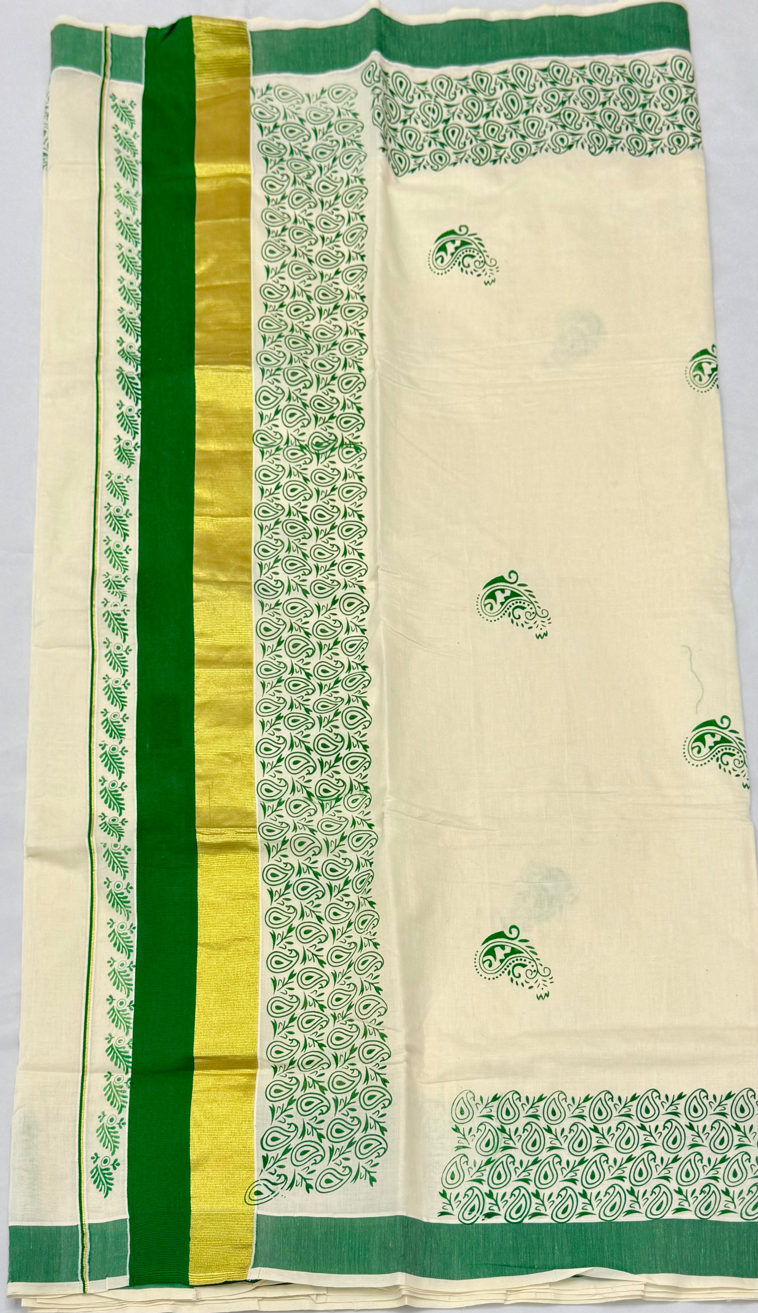 TRADITIONAL PRINTED KASAVU COTTON SAREE (OFF WHITE,GOLD,GREEN)
