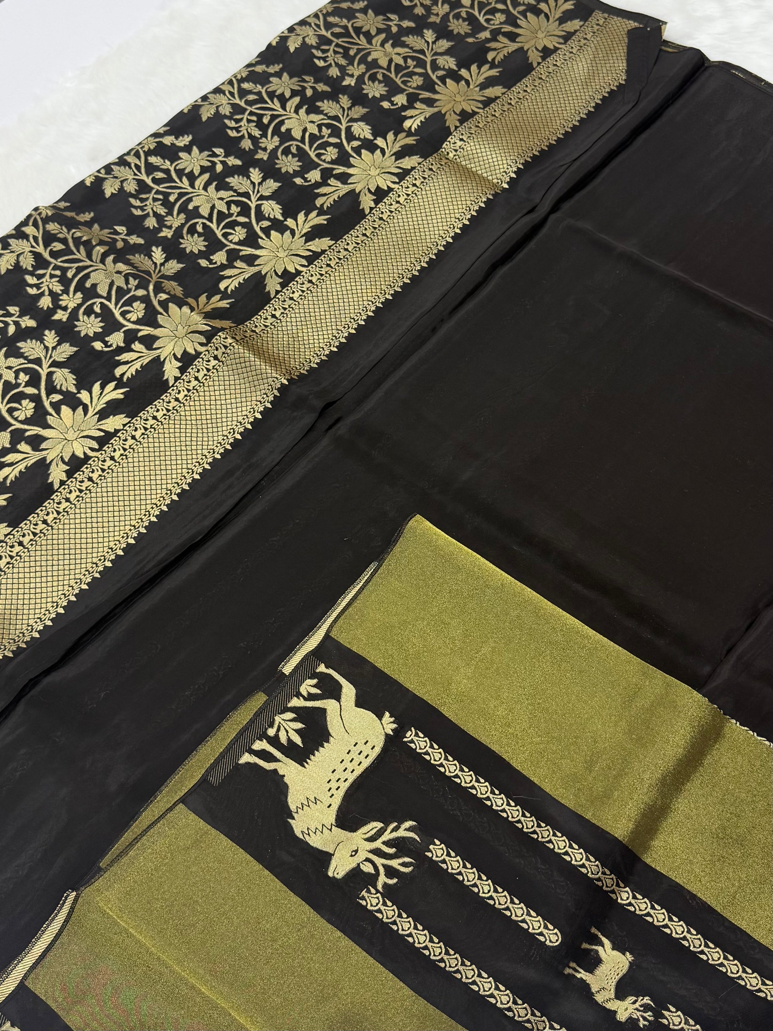 PREMIUM DEER EMBOSSED CHINON CREPE SAREES - BLACK