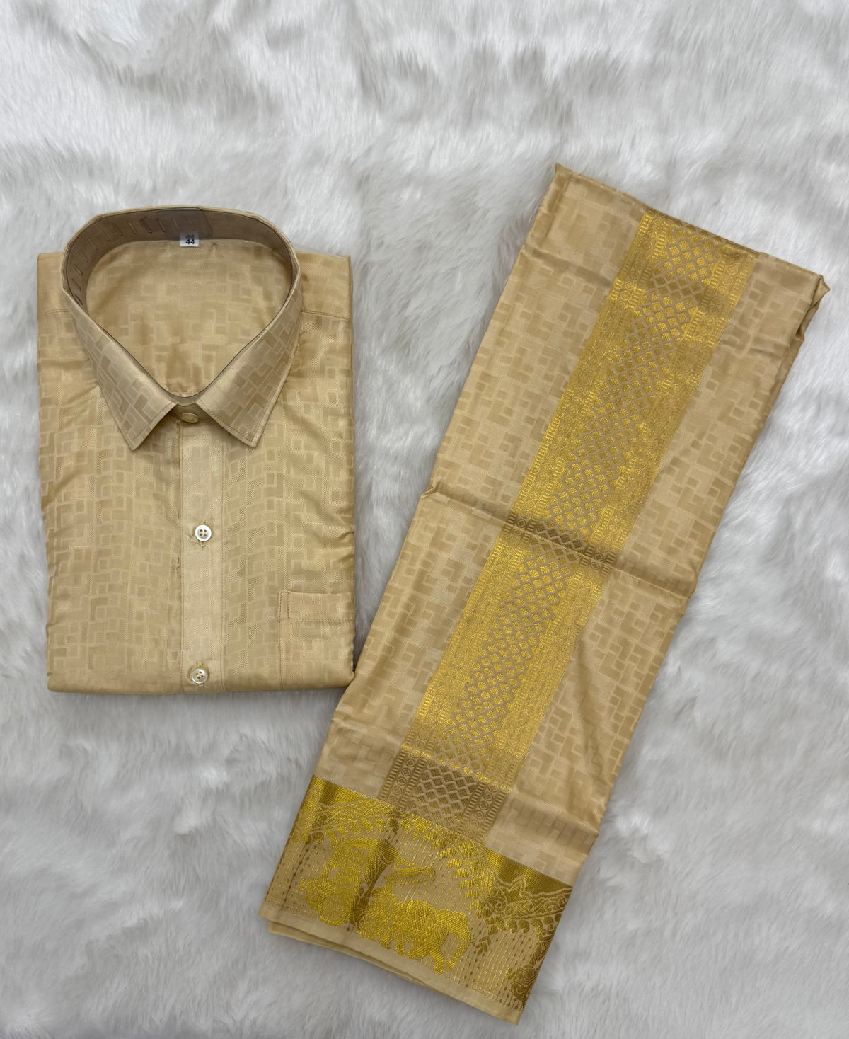 MEDIUM GOLD COLOURED SEMI SILK WEDDING SHIRT, DHOTI, FEATURING A GOLD ZARI BORDER - VELCRO