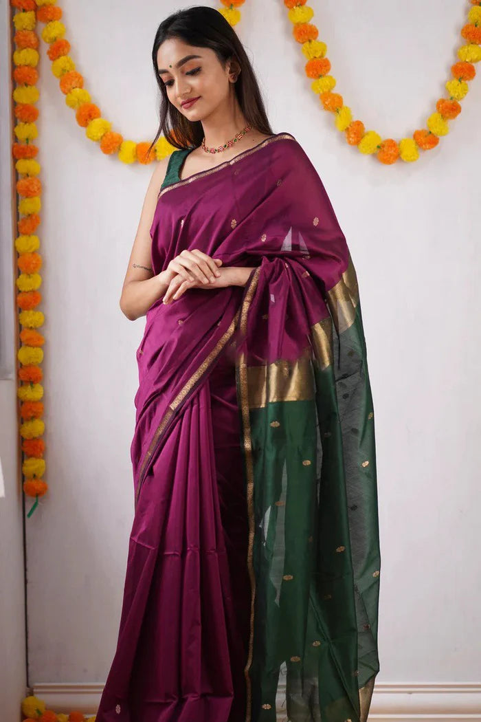 MAHESHWARI COTTON SILK SAREE - PINK & GREEN