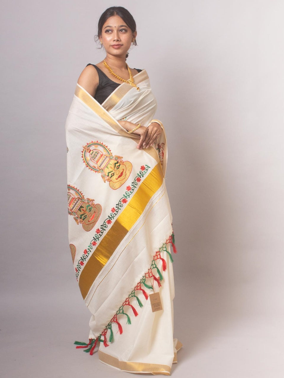 KATHAKALI EMBROIDERED KASAVU COTTON SAREE (GOLD)