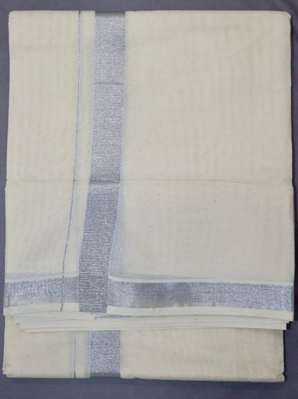MEN'S DOUBLE DHOTI CREAM WITH SILVER ZARI BORDER