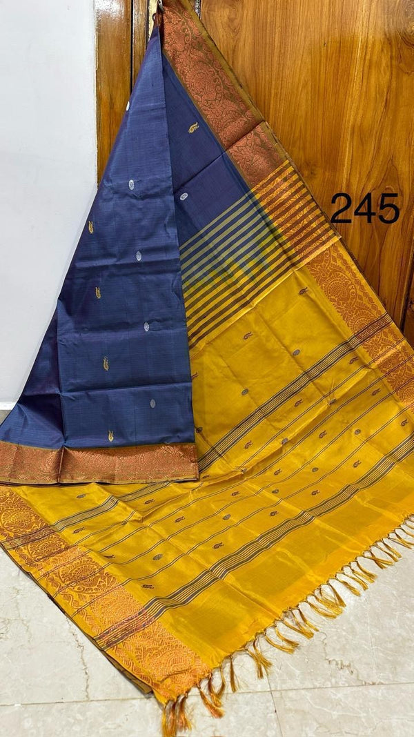 HANDLOOM BANANA PITH SILK SAREE - YELLOW & NAVY BLUE