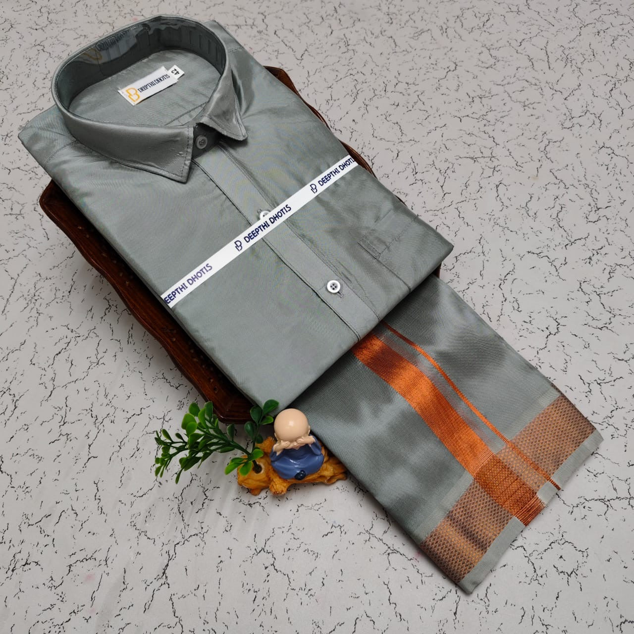 MEN'S PREMIUM SILK VELCRO DHOTI SHIRT SET - STEEL GREY
