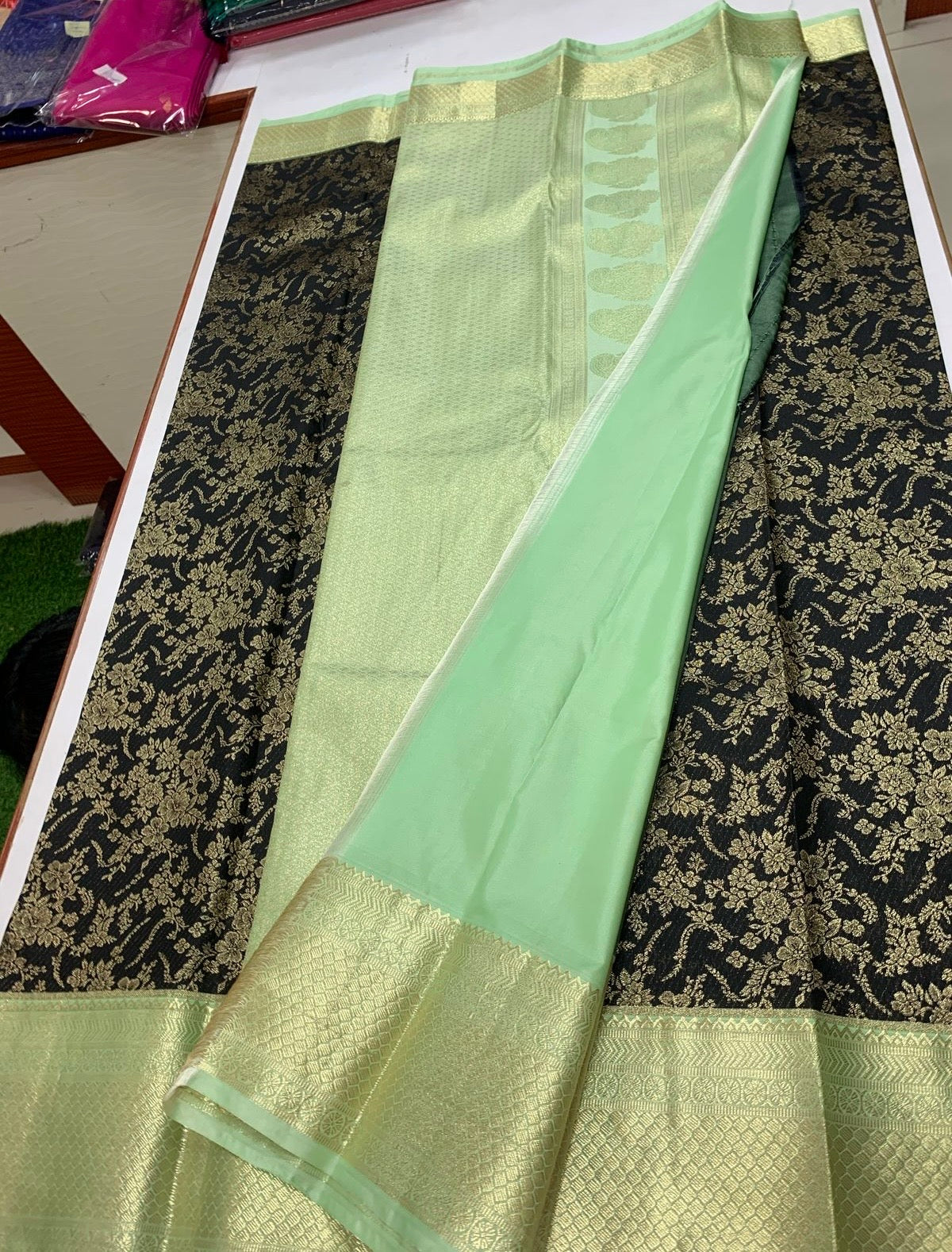 SEMI KANCHI SILK SAREE - BLACK & PASTEL GREEN