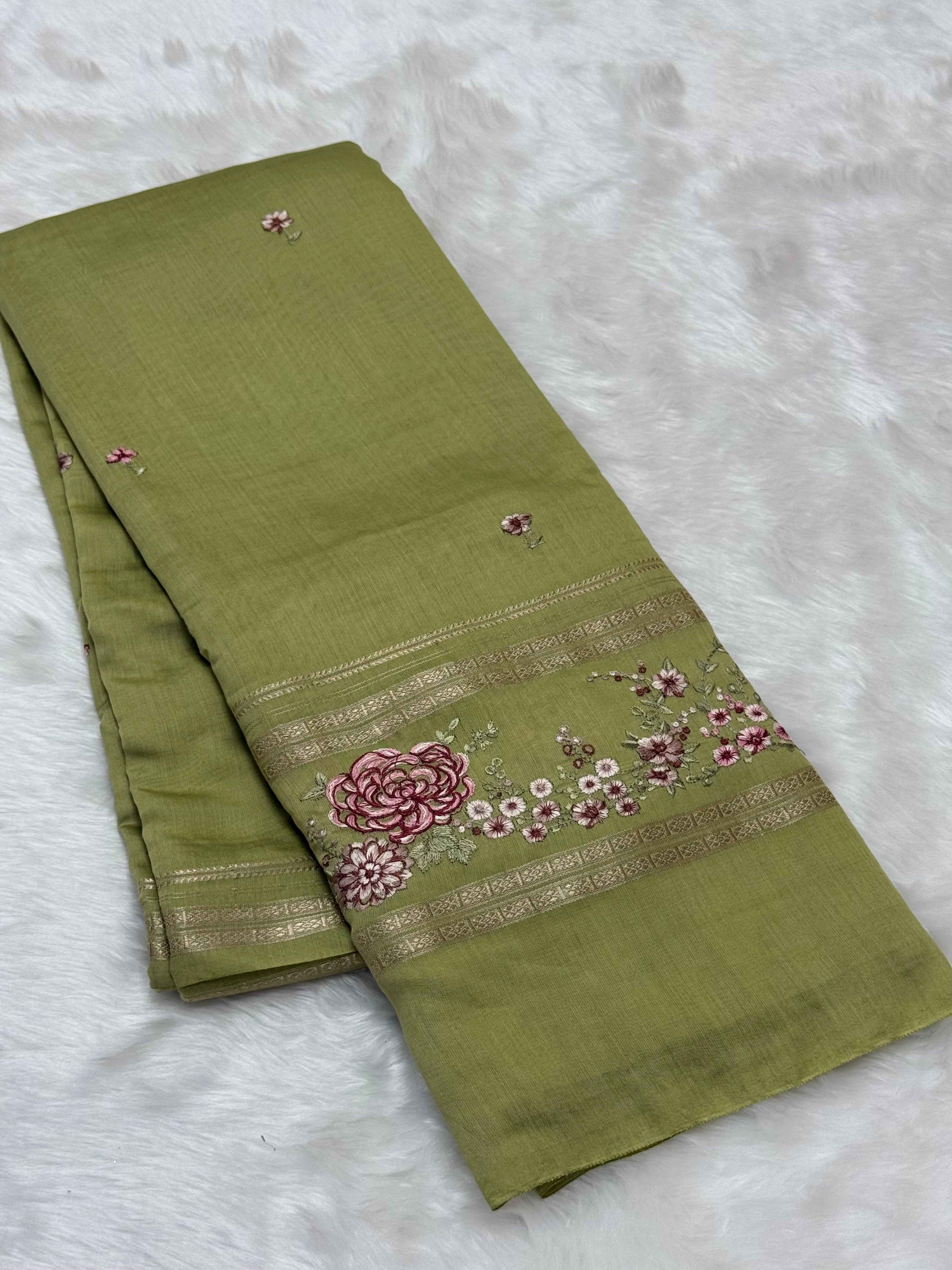 PREMIUM MUL COTTON EMBROIDERY SAREE  - TEA GREEN