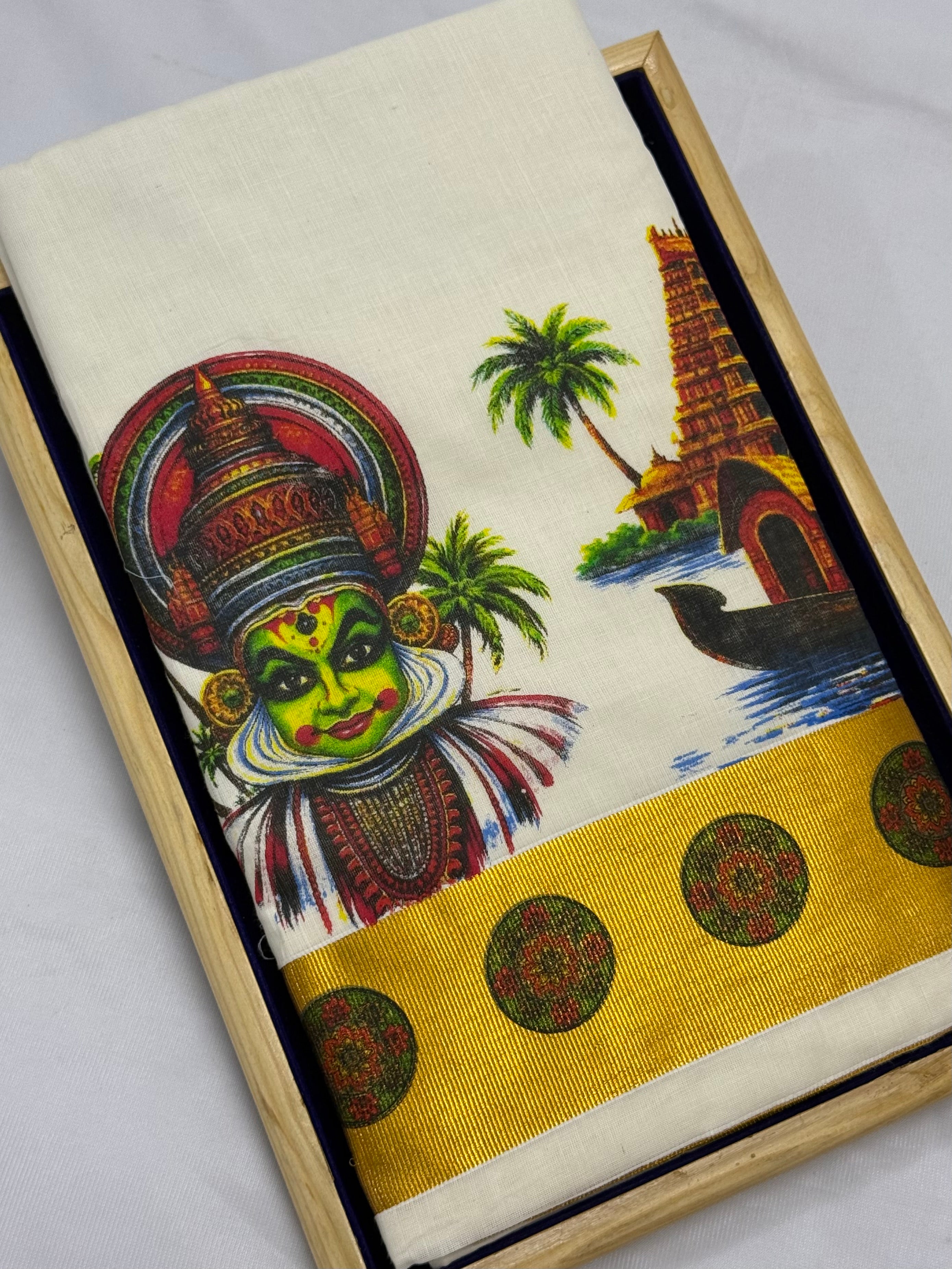 TRADITIONAL PRINTED KASAVU COTTON SAREE (OFF WHITE,GOLD)
