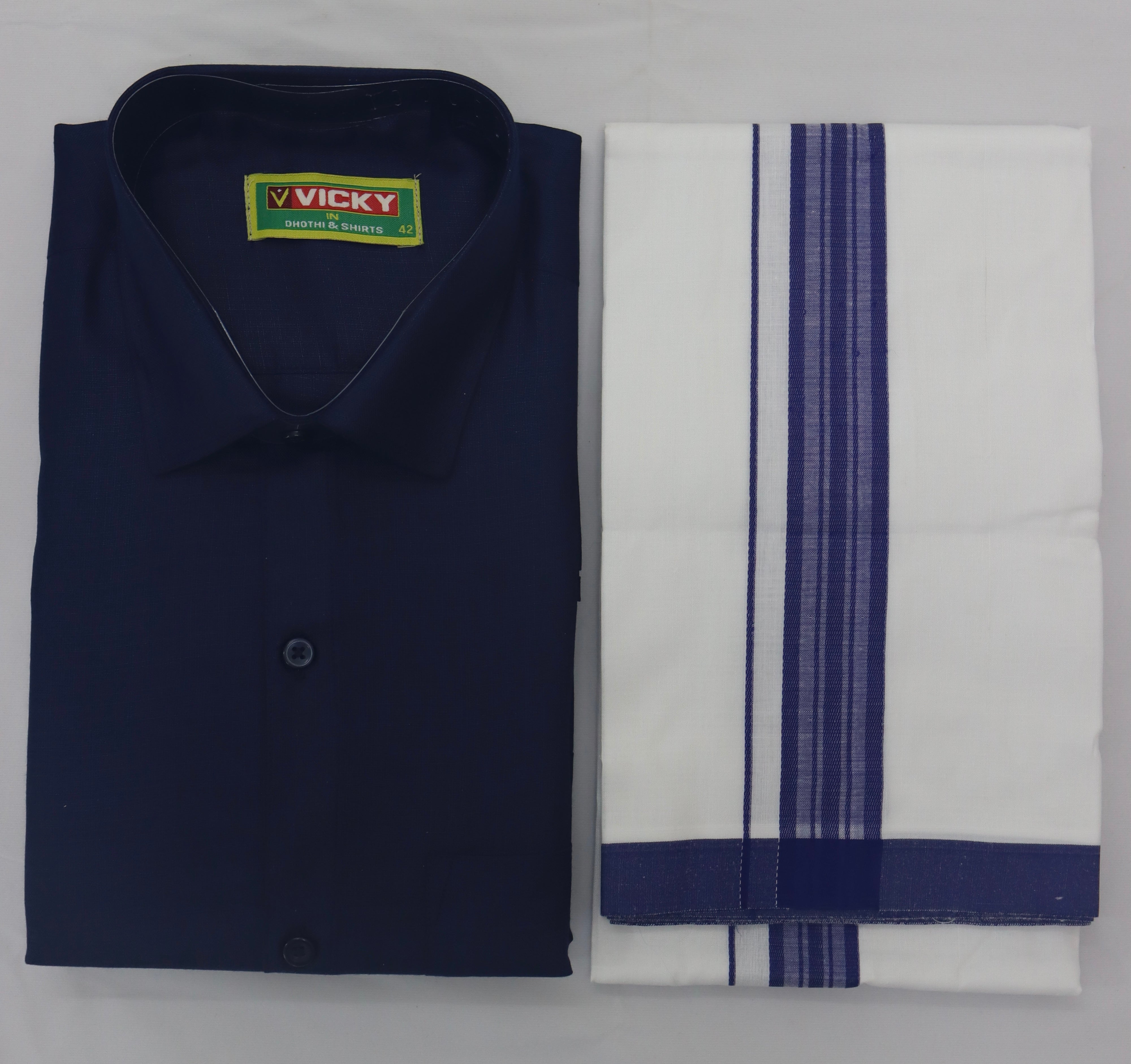MEN'S MATCHING FANCY BORDER SINGLE DHOTI & SHIRT SET - NAVY BLUE