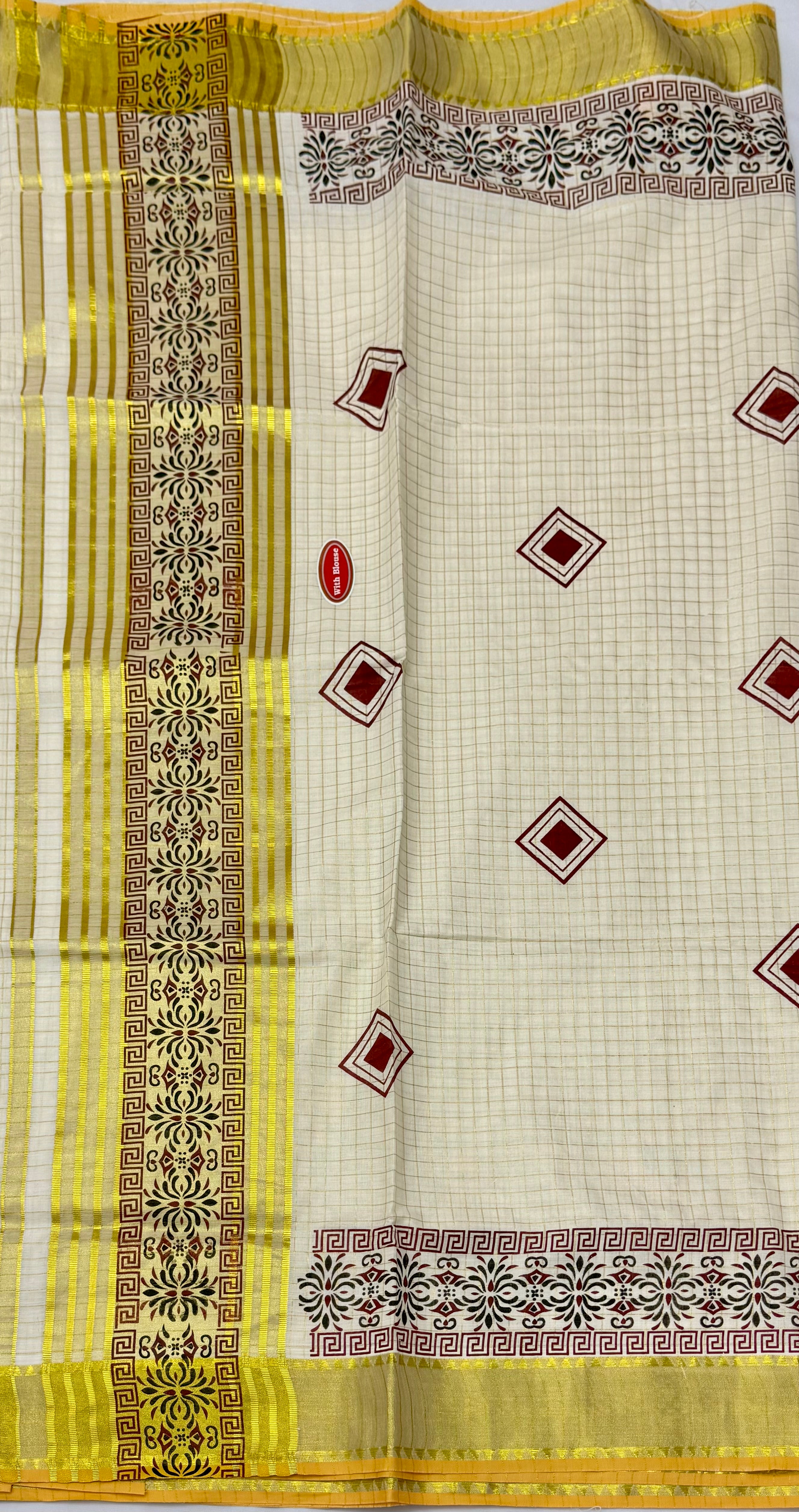 TRADITIONAL PRINTED KASAVU TISSUE CHECKED SAREE (OFF WHITE,GOLD,MAROON)