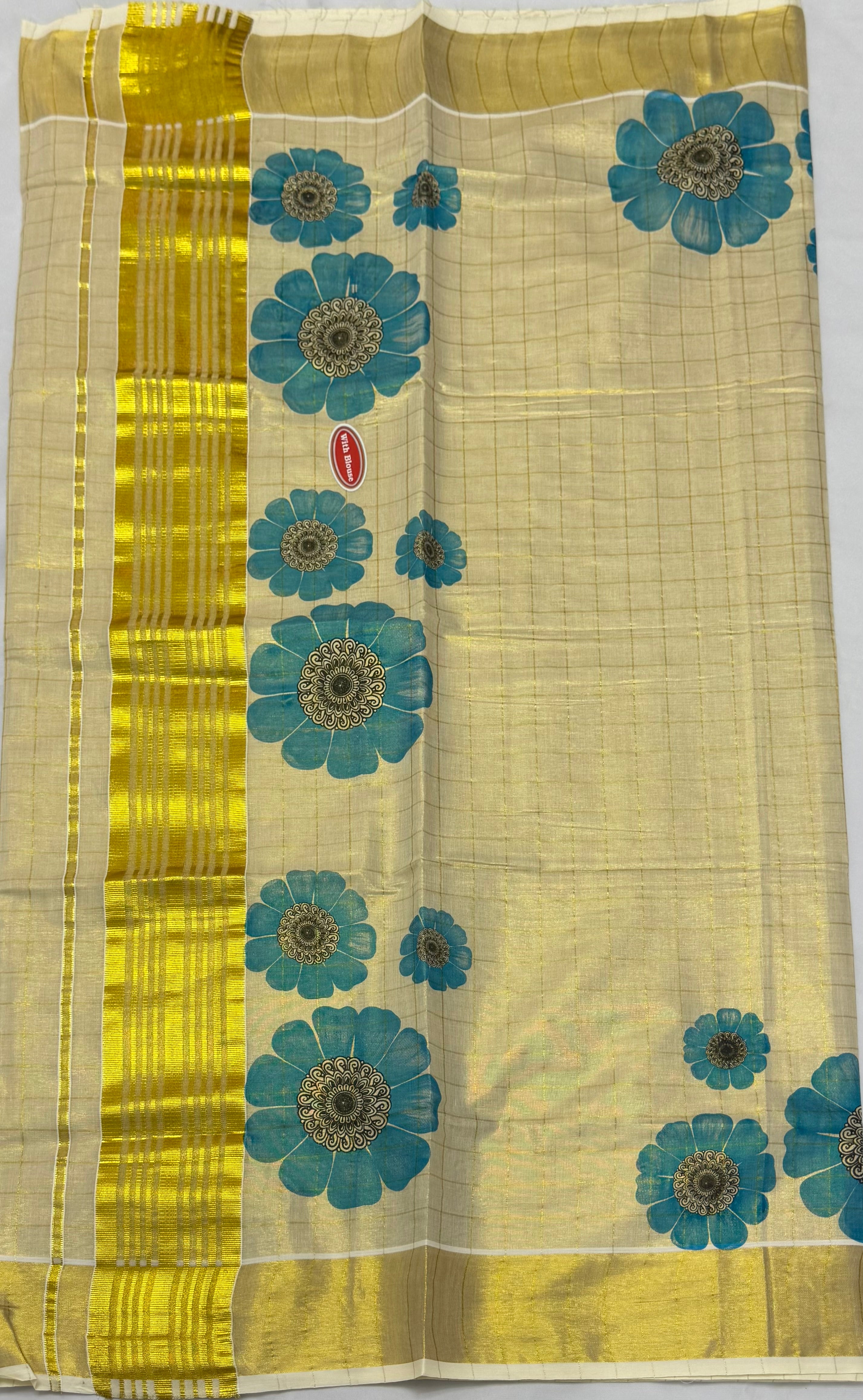FLORAL PRINTED KASAVU TISSUE SAREE - (GOLD,CREAM)
