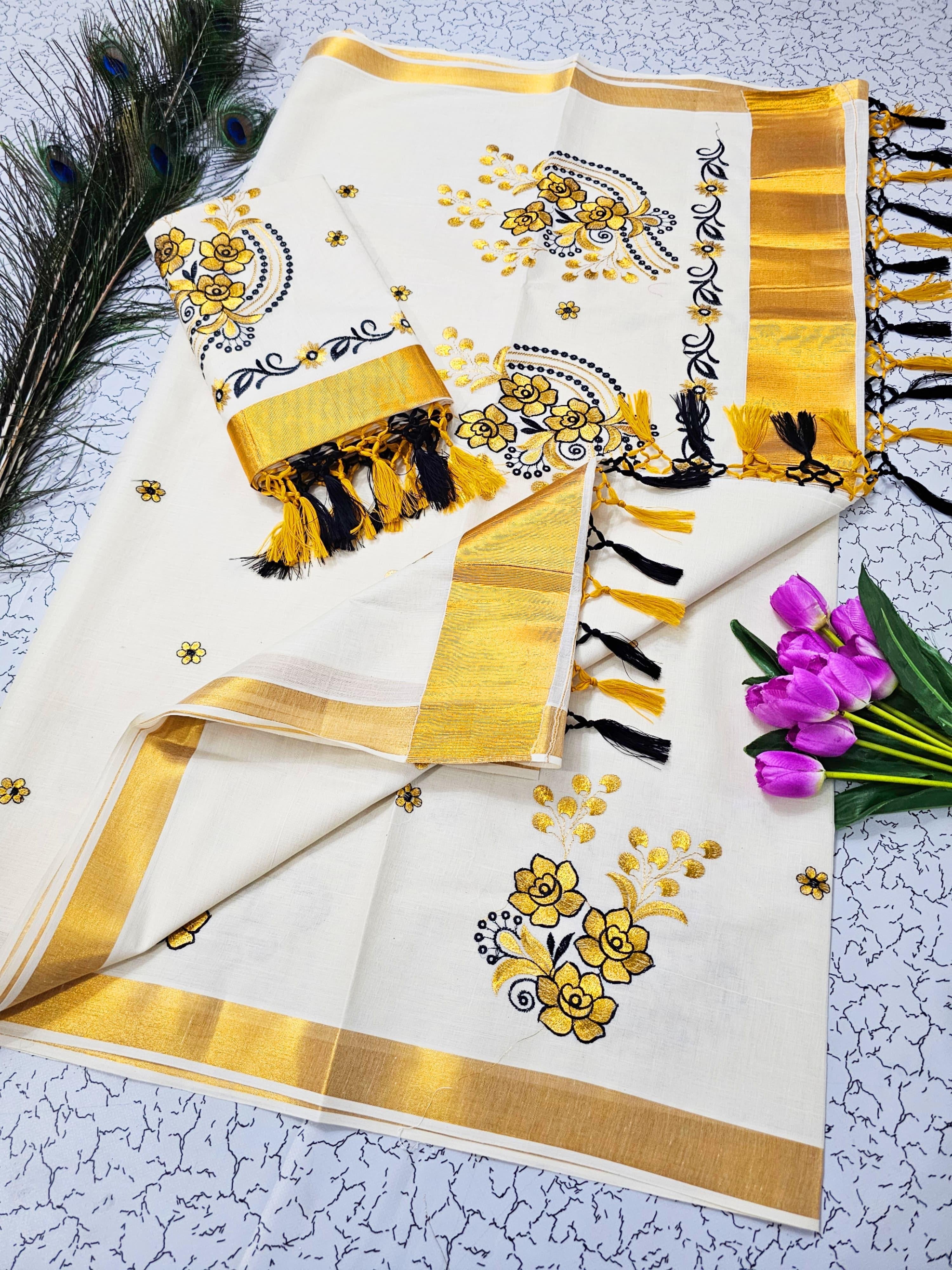 KERALA FANCY FLORAL EMBROIDERY SAREE (GOLD,BEIGE)