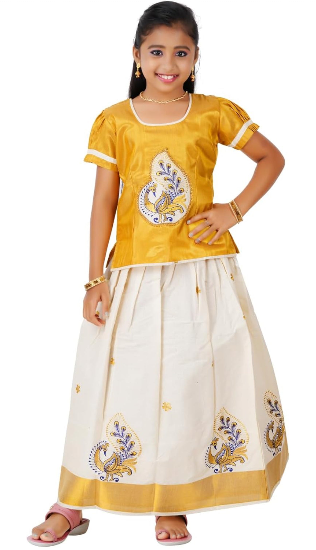 KIDS GIRL'S PATTU PAVADAI - GOLD & CREAM