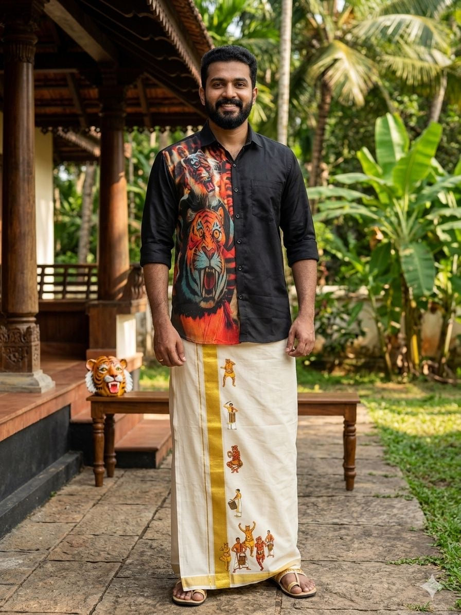 PULIKALI THEME PREMIUM SHIRT & MUNDU COMBO - BLACK