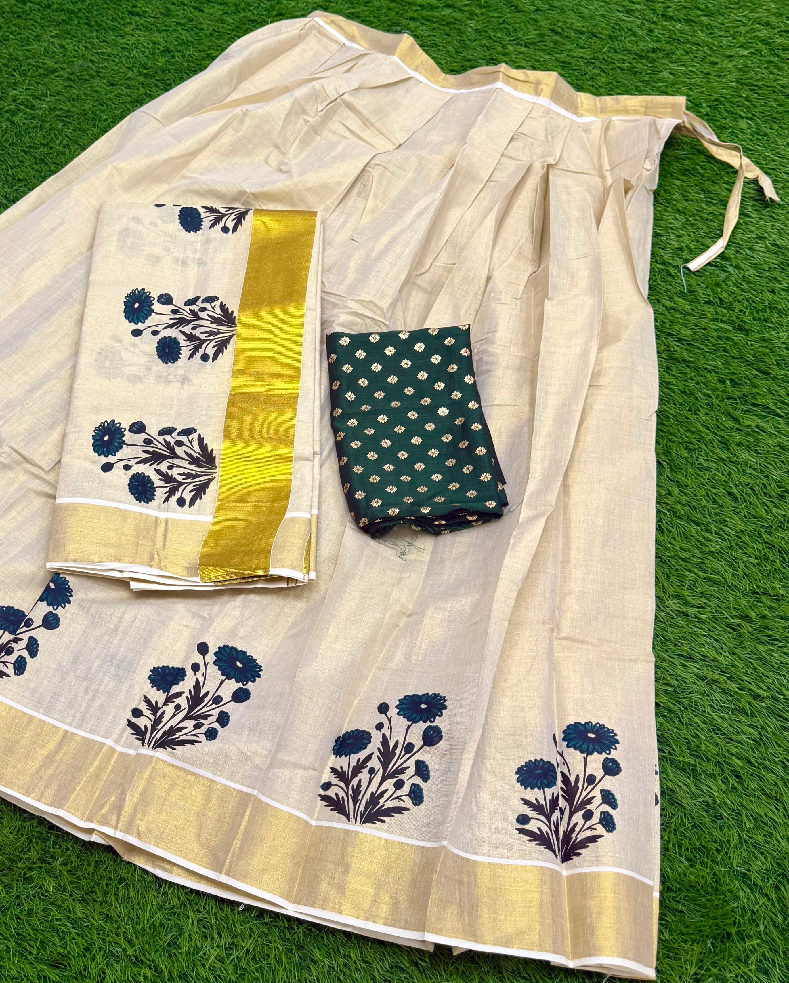 TRADITIONAL ONAM SPECIAL KERALA KASAVU DHAVANI SET - GREEN