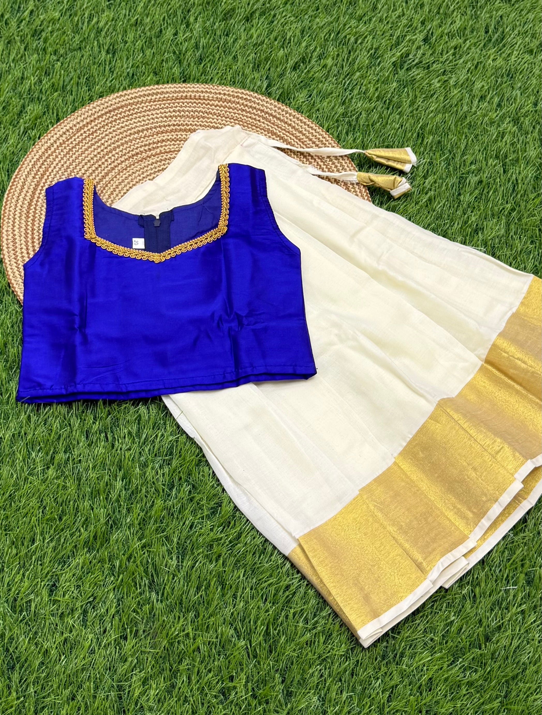 KIDS GIRL'S PATTU PAVADAI -  CREAM & ROYAL BLUE
