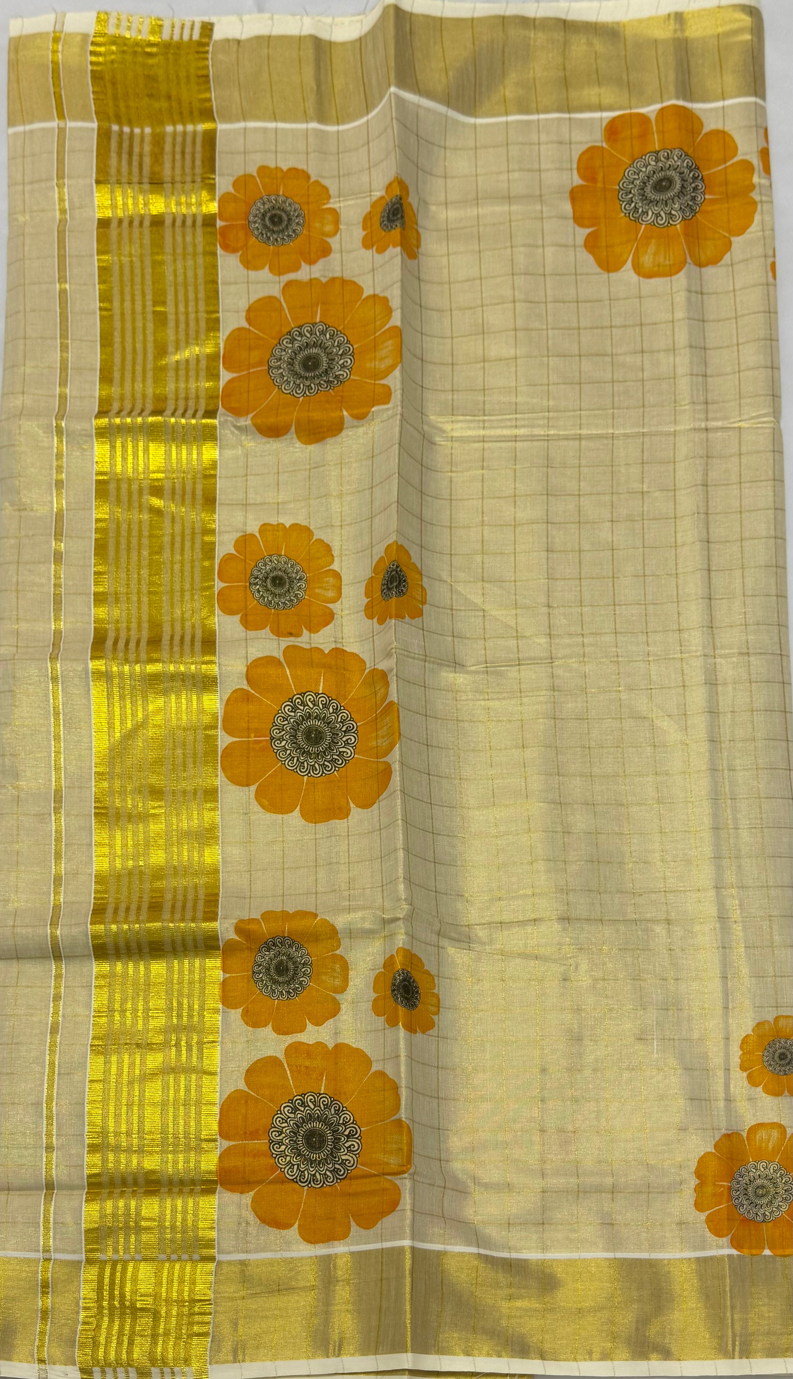 FLORAL PRINTED KASAVU TISSUE SAREE - (GOLD,CREAM)