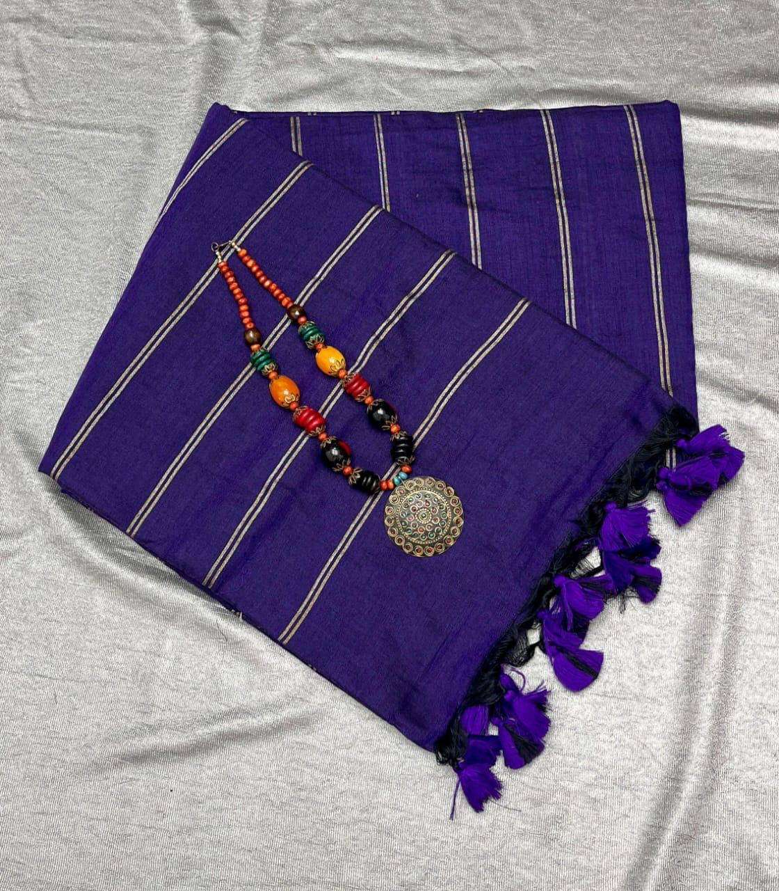 PREMIUM DUAL STRIPE KHADI COTTON SAREES - PURPLE