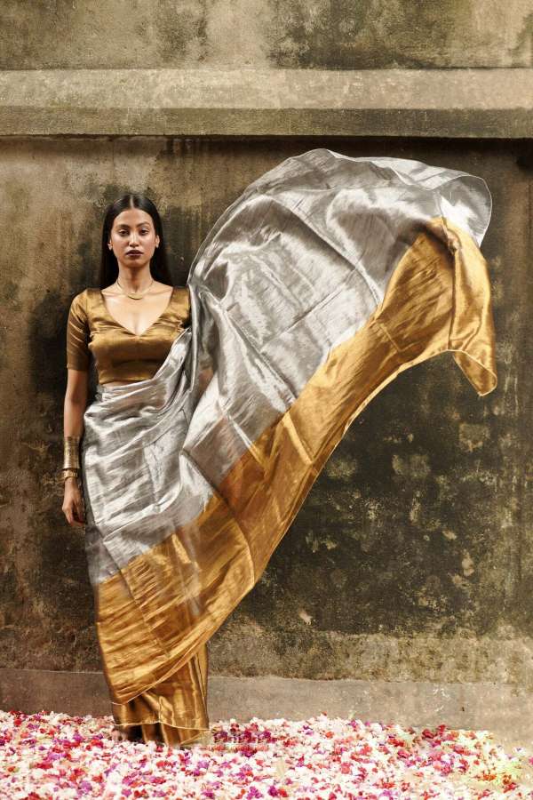 STUNNING GOLDEN TISSUE SAREE - SILVER