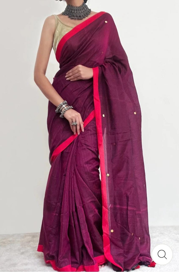 HANDLOOM PURE COTTON MIRROR WORK SAREE - RED VIOLET