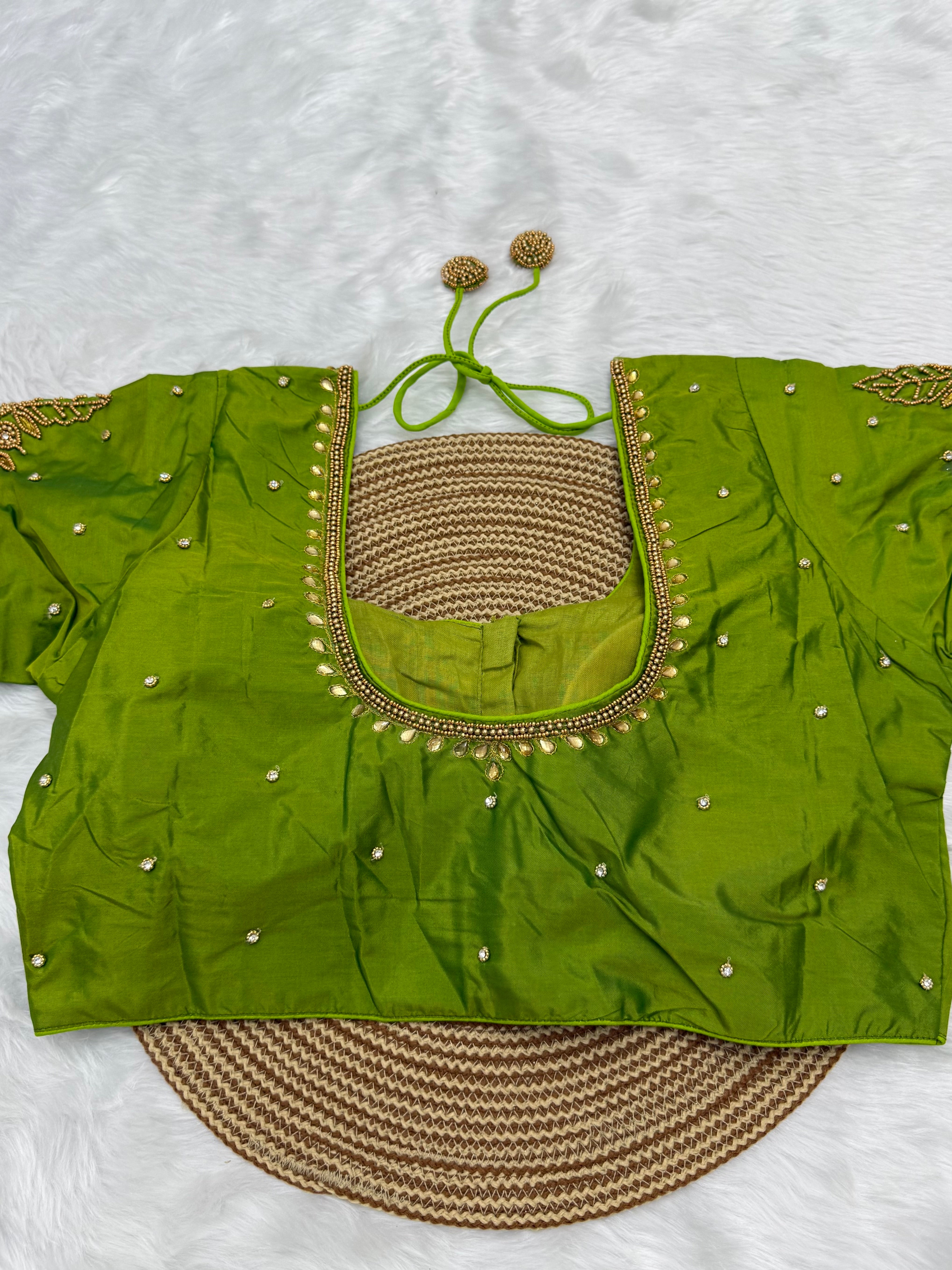 BRIDAL AARI WORK READY TO WEAR SAREE BLOUSE - APPLE GREEN